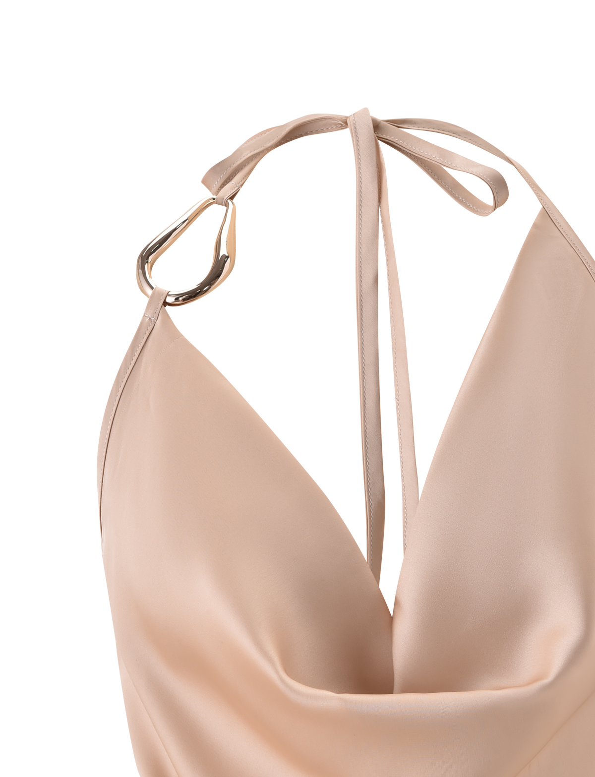 A close-up of the TIGERMIST CYRENE SATIN COWL TOP in gold, showcasing its draped cowl neckline, open back, a gold metal ring detail on one halter strap, and a bow tie on the other.