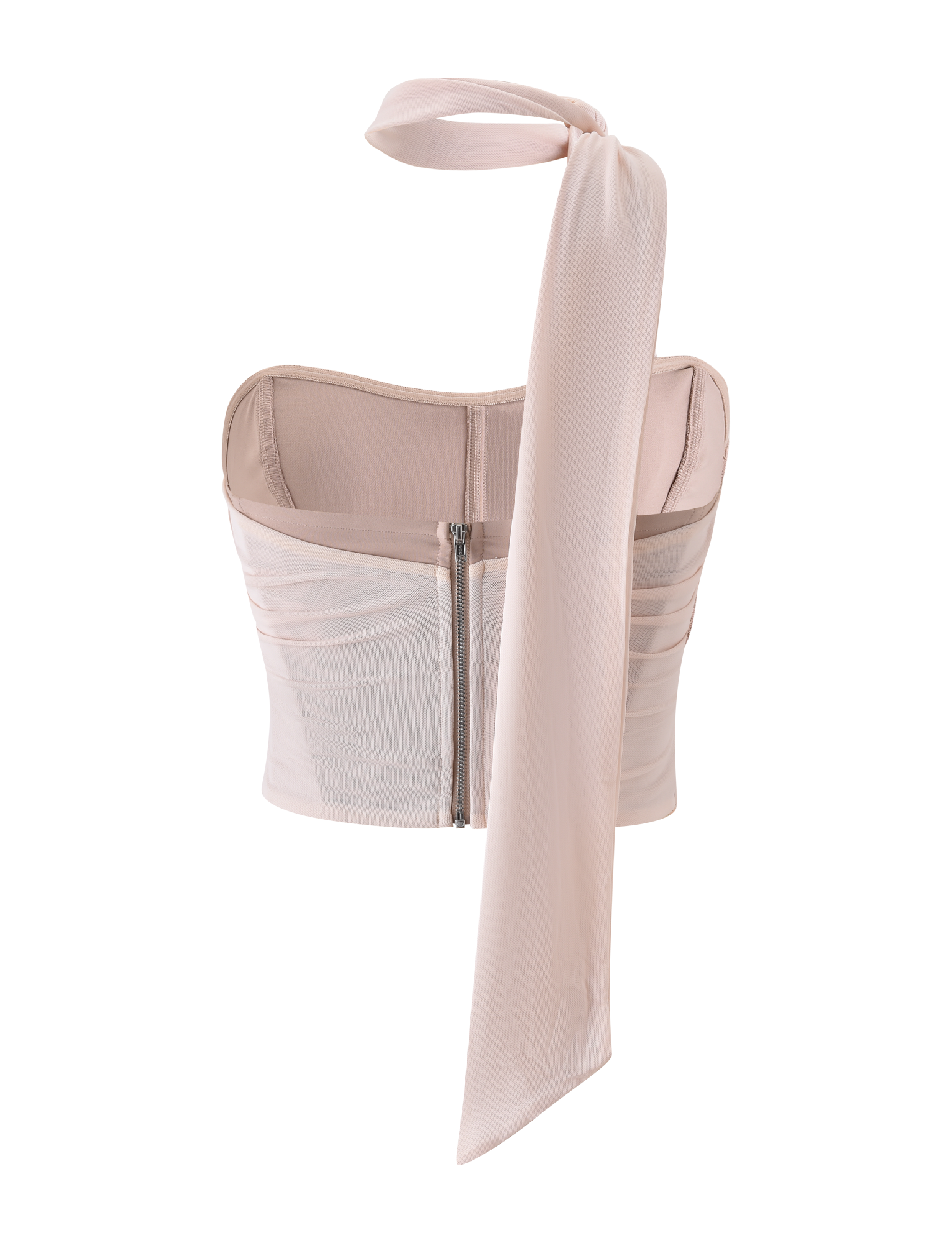 The TIGERMIST TERESE FLORAL APPLIQUE CORSET in tan is sleeveless, features metallic gold floral appliques, a back zipper, and comes with a long matching scarf tie on one shoulder, shown against a white background.