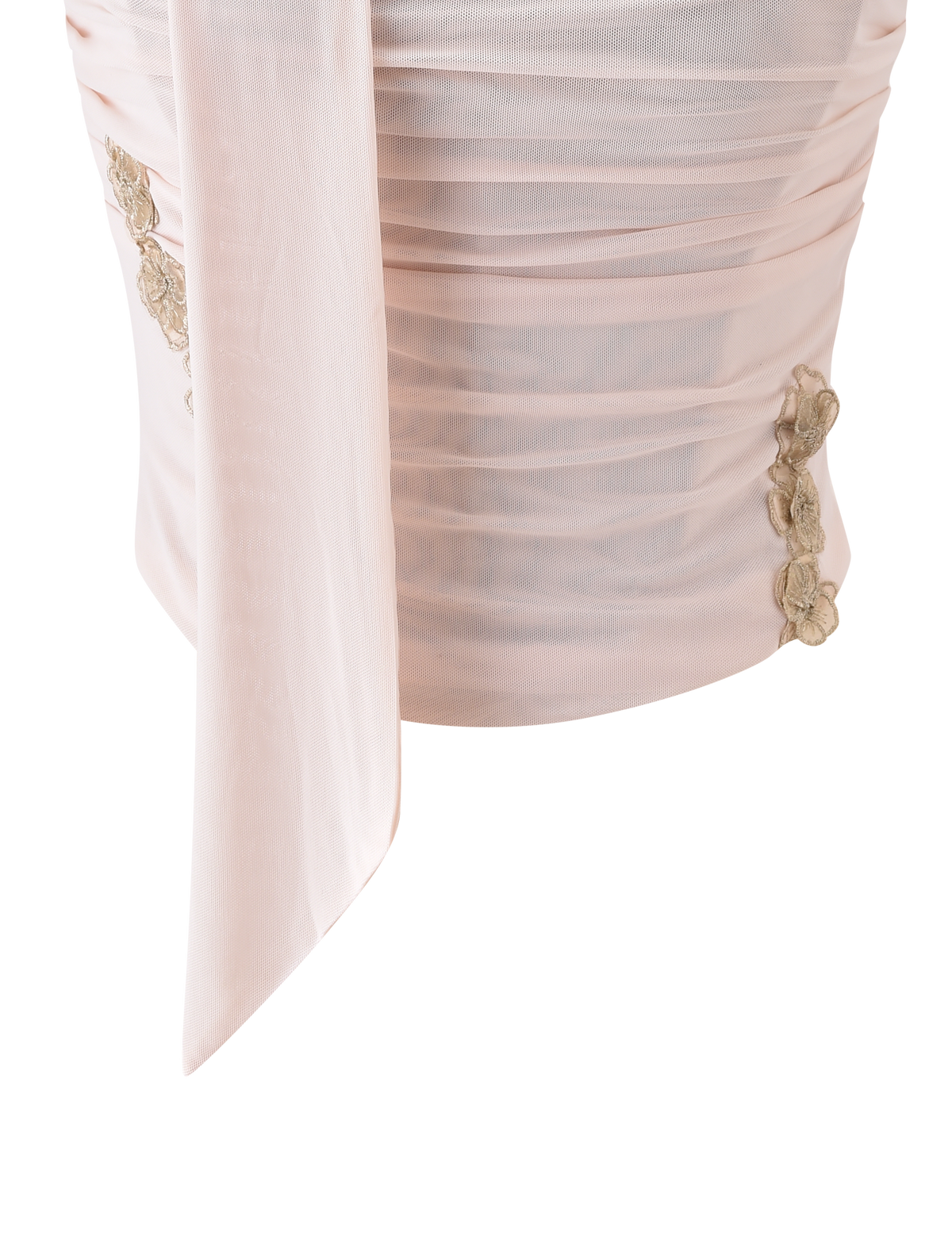 Close-up of the TERESE FLORAL APPLIQUE CORSET - TAN by TIGERMIST, featuring cream ruched mesh with a draped sash and metallic gold floral appliqués on the sides, set against a white background.