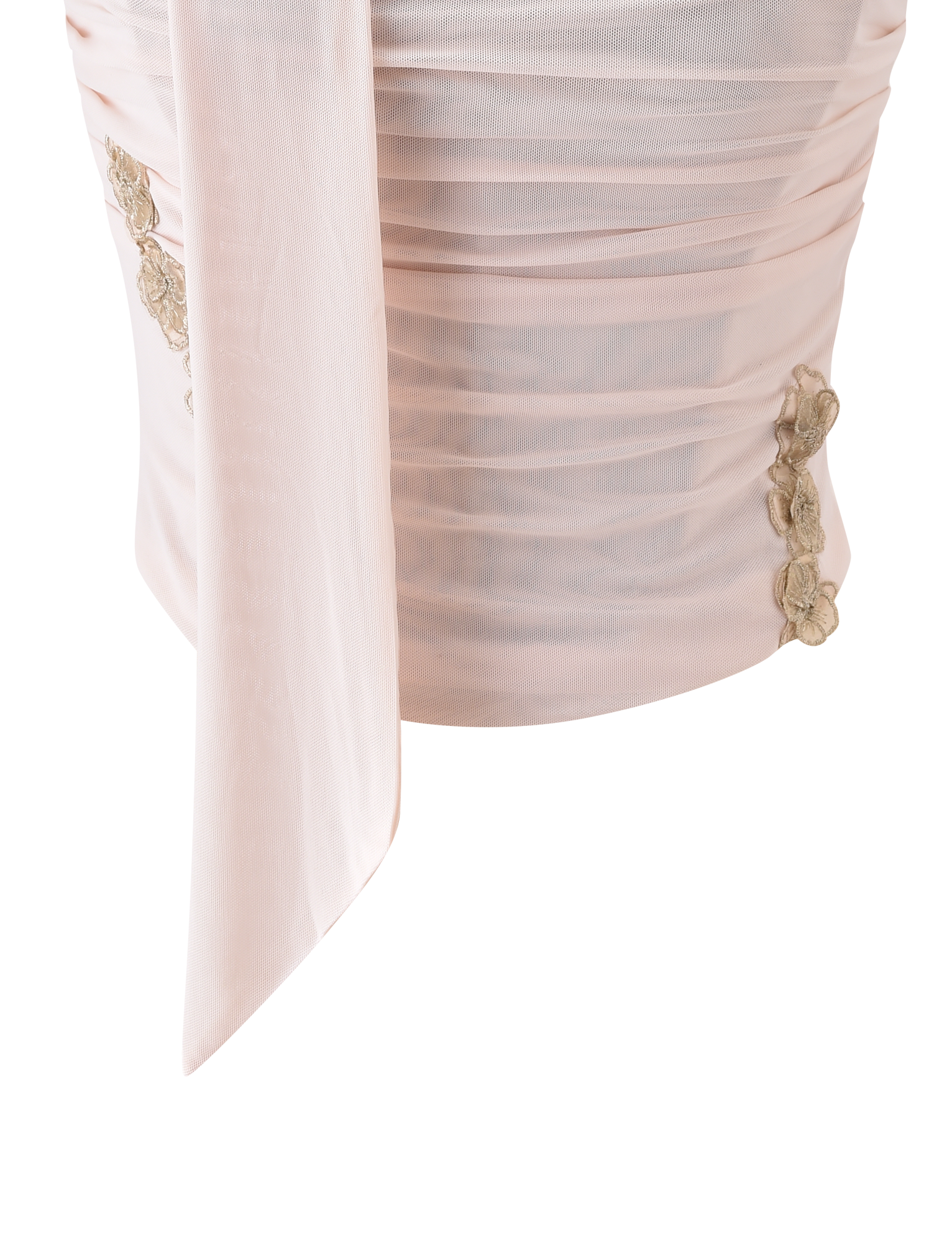 Close-up of the TERESE FLORAL APPLIQUE CORSET - TAN by TIGERMIST, featuring cream ruched mesh with a draped sash and metallic gold floral appliqués on the sides, set against a white background.