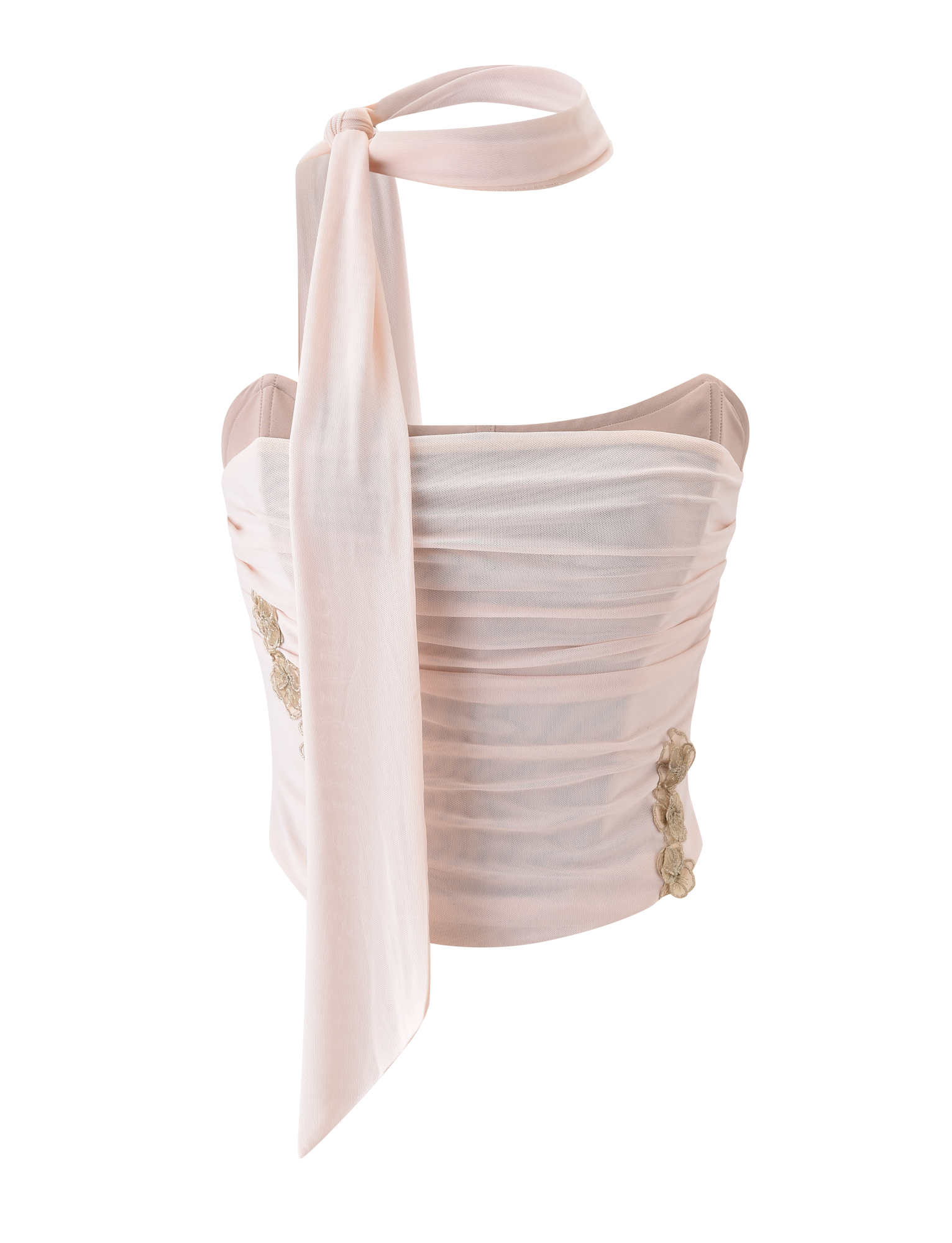 The TIGERMIST TERESE FLORAL APPLIQUE CORSET in tan is a ruched crop top with metallic gold floral appliques and a wide halter neck tie, shown on a white background.