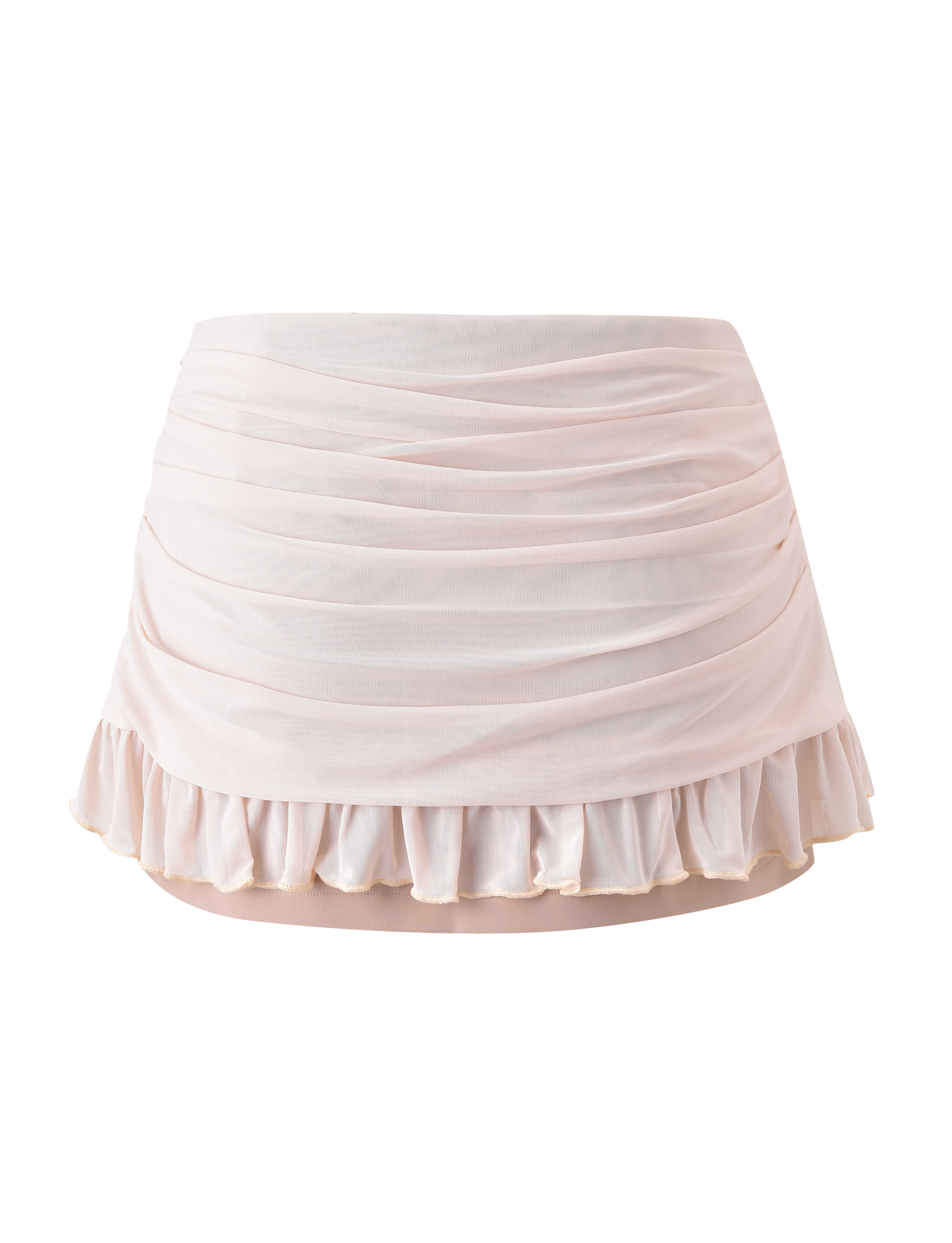 The TERESE FLORAL APPLIQUE SKIRT by TIGERMIST is a tan, short ballet wrap skirt with soft sheer fabric, ruched draping reminiscent of a mini skirt, and a ruffled hemline, displayed against a plain white background.