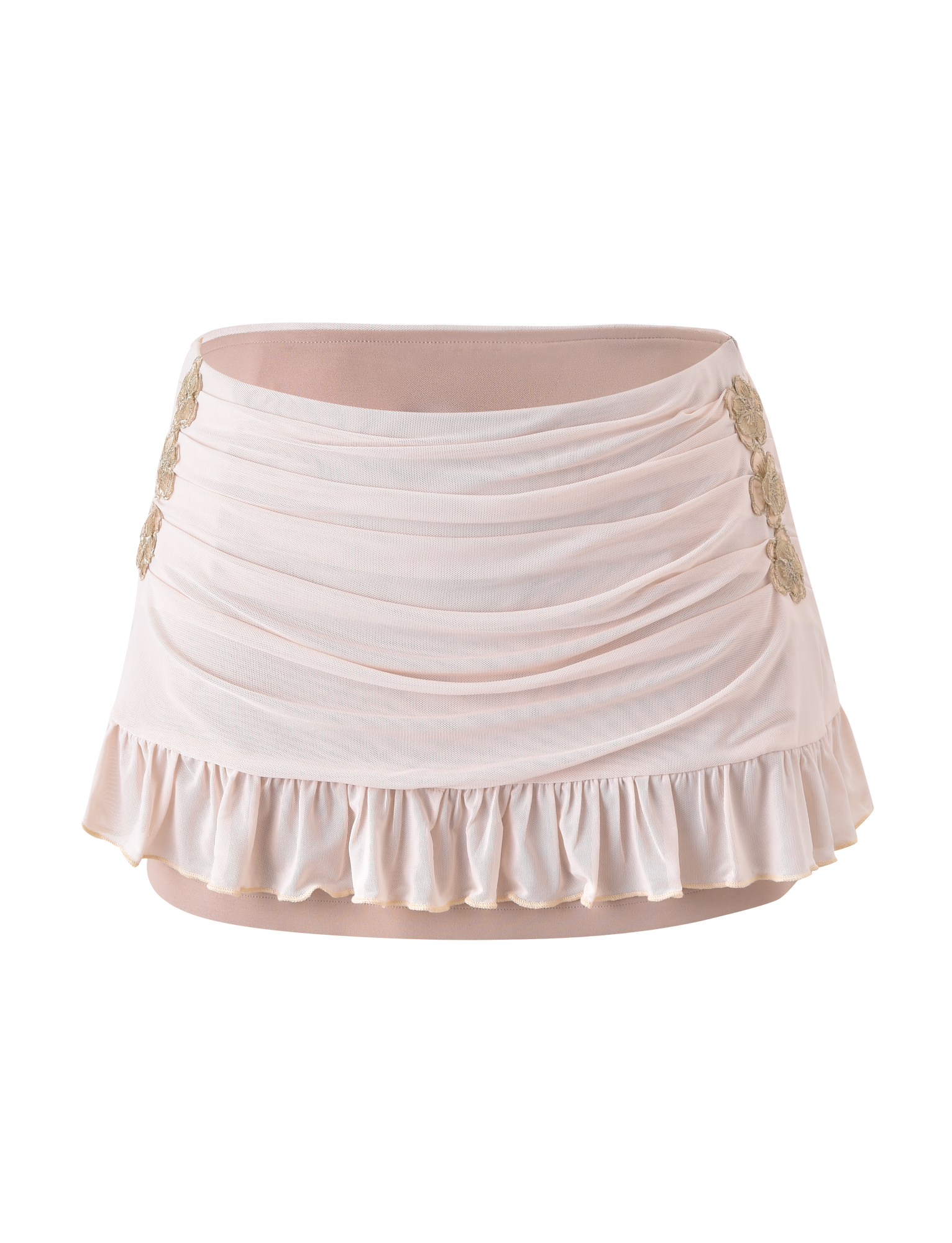 The TIGERMIST TERESE FLORAL APPLIQUE SKIRT in tan is a ruched mini skirt with a ruffled hem and gold floral appliques on the sides, shown against a plain white background.