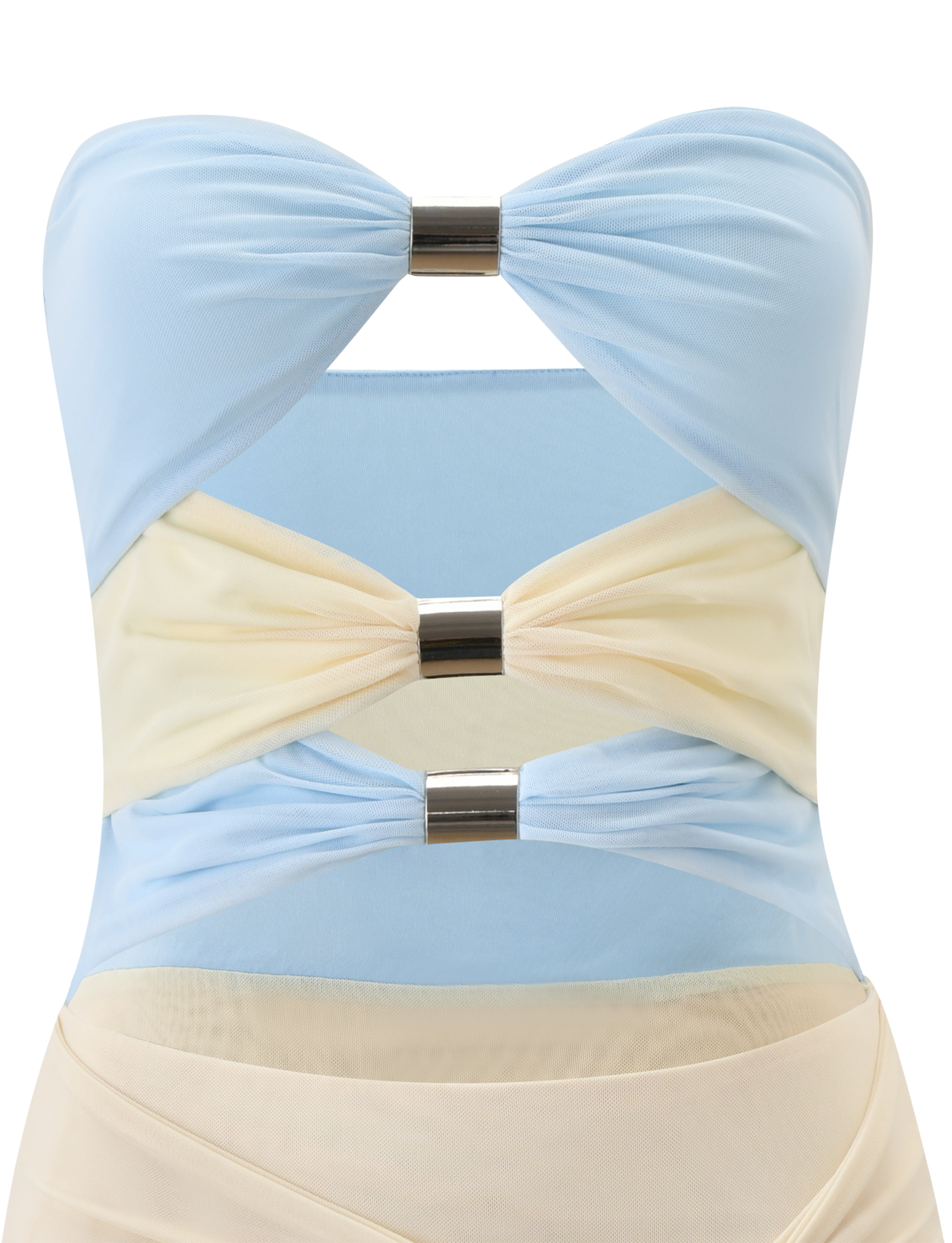 The TWYLA MIDI DRESS by TIGERMIST features a strapless sweetheart neckline, twisted cream and blue panels, silver cylindrical hardware gathering for a ruched geometric bodice, and an asymmetrical hem.