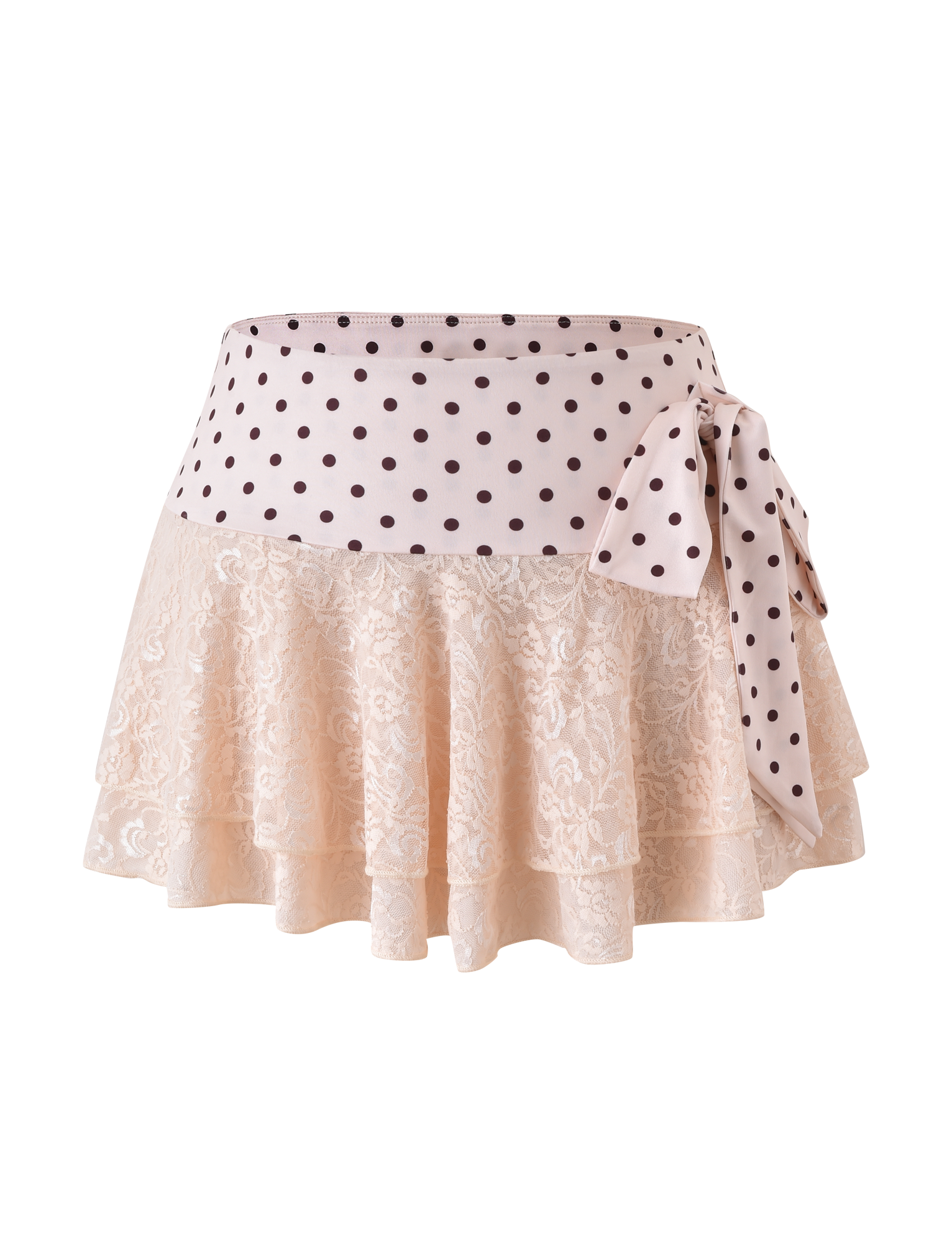 The TIGERMIST KAYLI MINI SKIRT in cream features a chic tiered lace floral pattern, a wide black polka dot waistband, and a statement side bow.