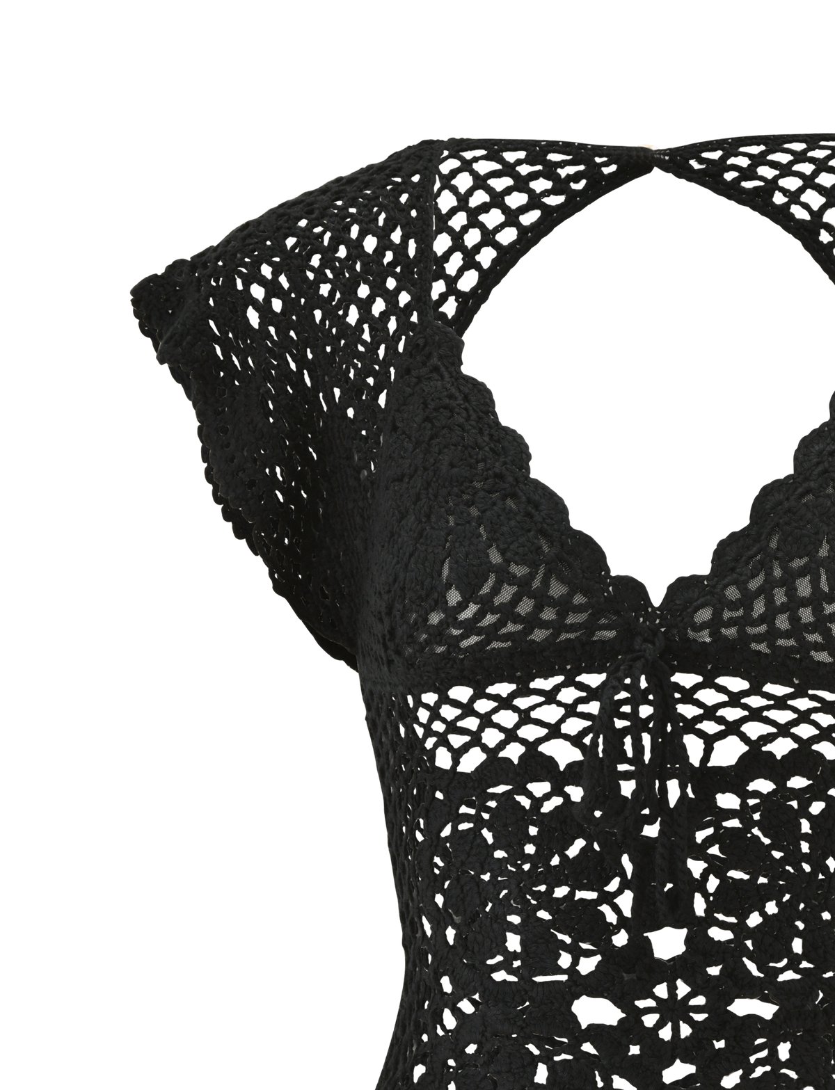 Close-up of the SASHA CROCHET TOP in black by TIGERMIST, featuring scalloped edges, a tie-front, and an open-knit pattern with floral and geometric designs—ideal for resort styling.