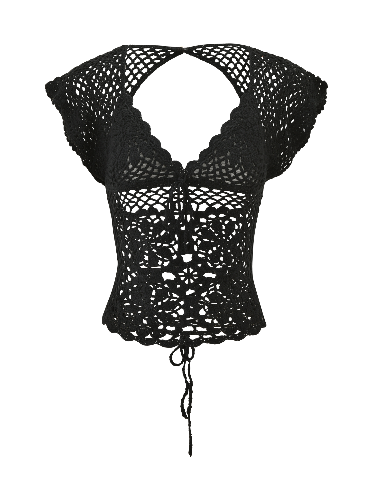 The SASHA CROCHET TOP - BLACK by TIGERMIST features a halter neckline, front tie closure, scalloped edges, open knit floral pattern, and lace up back—ideal for resort styling. Displayed on a white background.