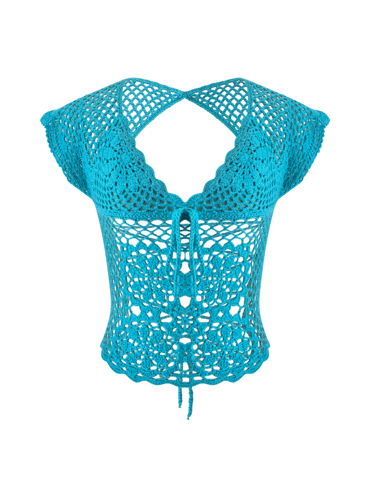 SASHA CROCHET TOP - AQUA, a bright aqua short-sleeved crochet top featuring an open-back design and a floral lace up tie closure at the front.