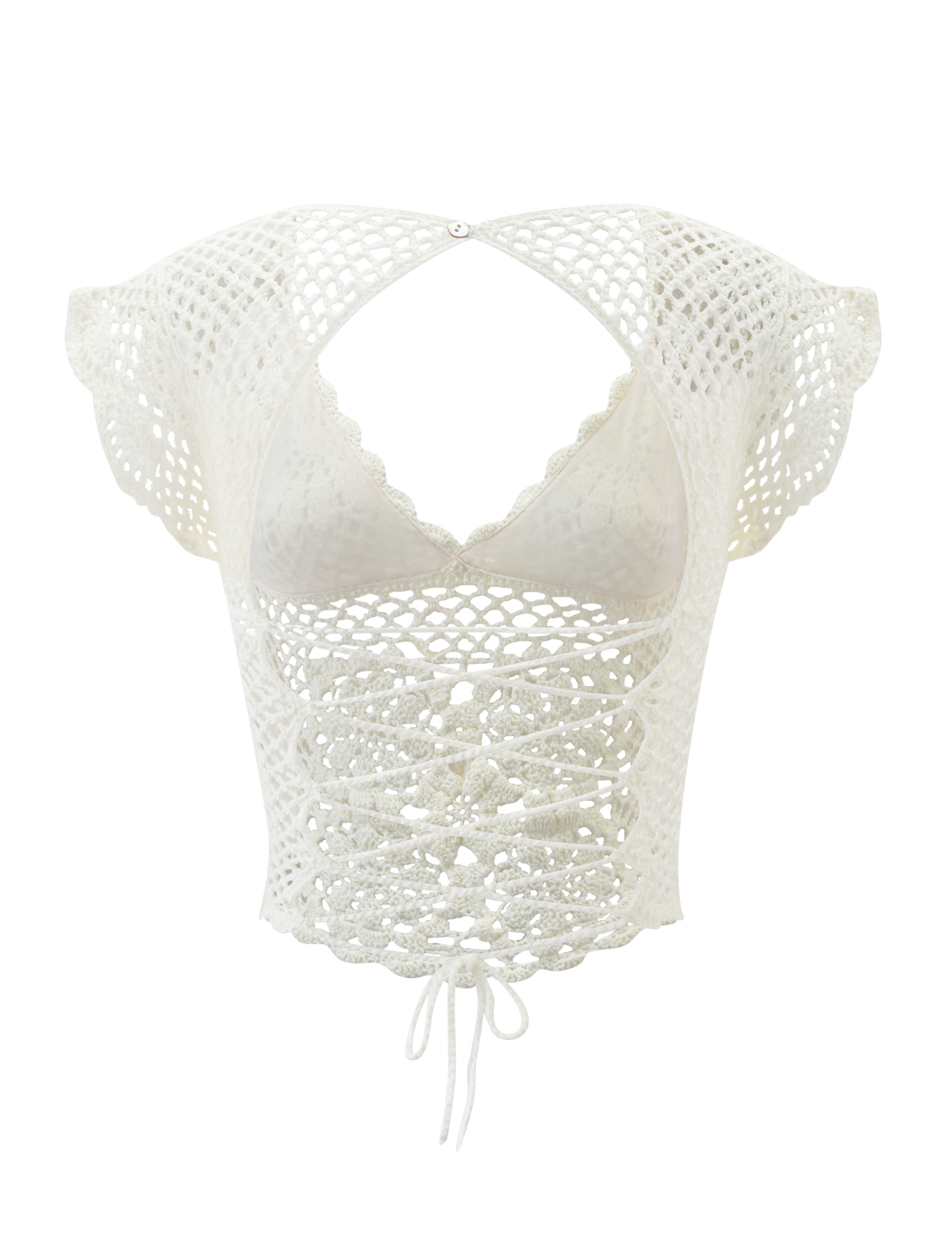 The SASHA CROCHET TOP - IVORY by TIGERMIST is a white crochet lace crop top with corset-style details, scalloped cap sleeves, an open chest cutout, and a waist tie.