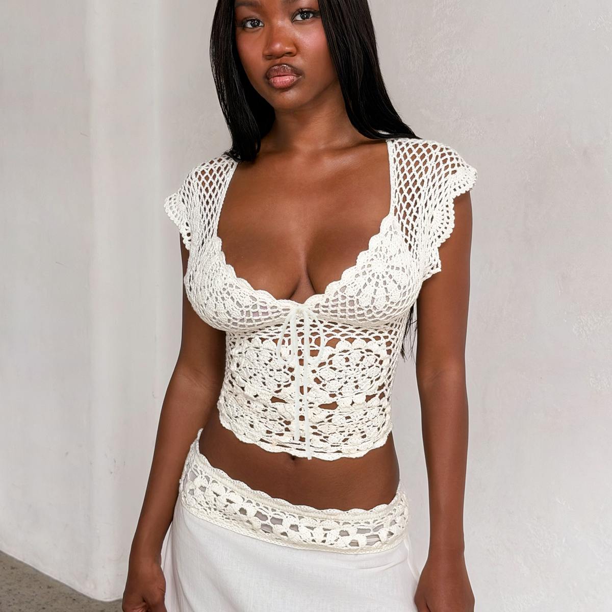 美品 Maison Kitsune メゾンキツネ LACE KNIT CROCHET CROP TOP クロシェク ロップドトップス サイズXS ホワイト レディース 古着 中古 USED s-musee_370422208