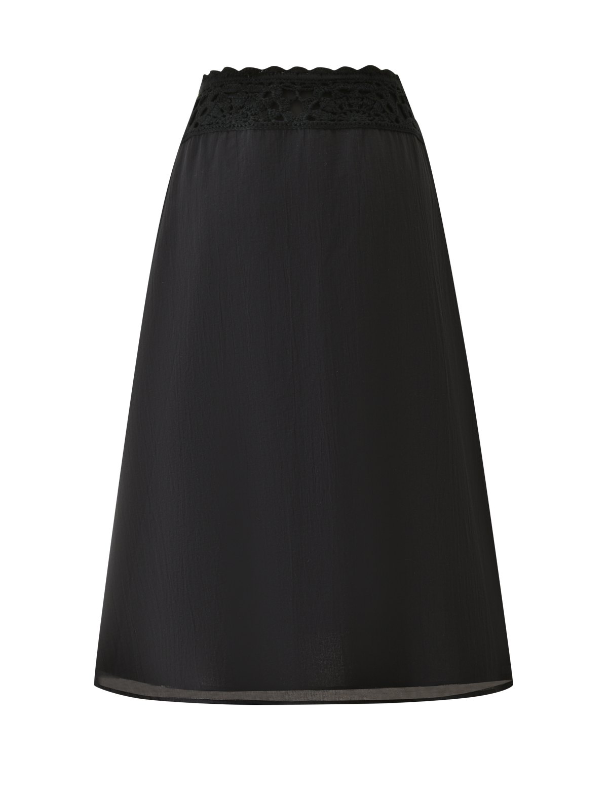 The TIGERMIST SASHA CROCHET MIDI SKIRT in black is an A-line, high-waisted cotton poplin skirt featuring a scalloped lace-trimmed waistband, shown against a white background.