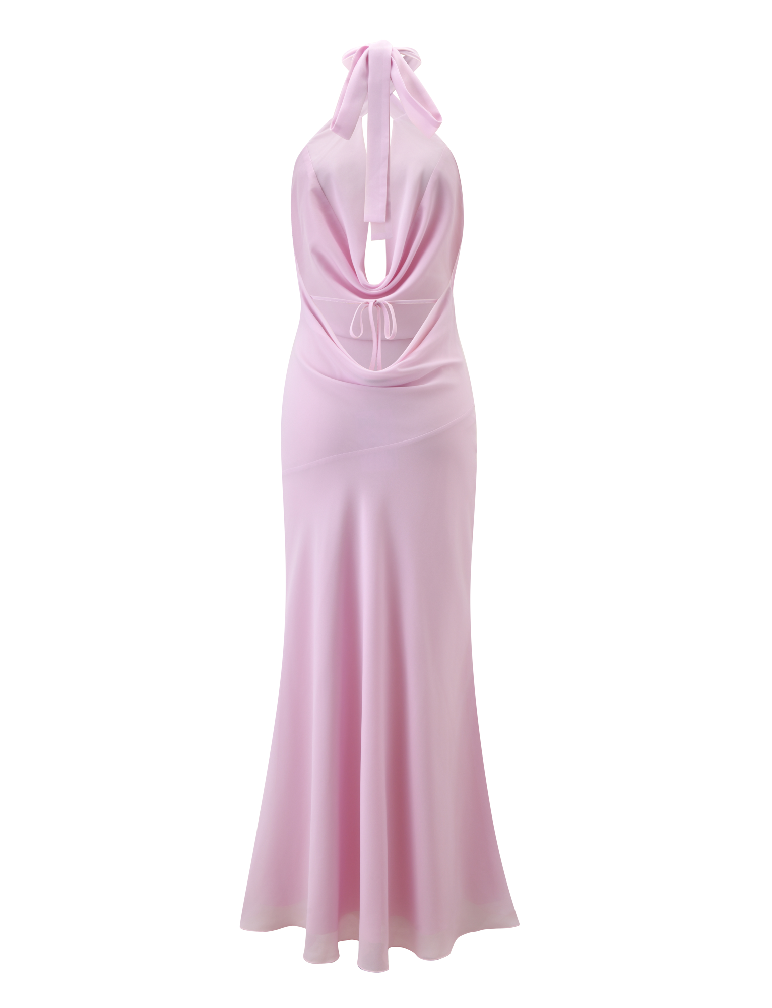 Back view of the ZYLA MAXI DRESS by TIGERMIST in baby pink, featuring a halter neck, open cowl back tied at the neck and lower back, and a flowing chiffon floor-length skirt.