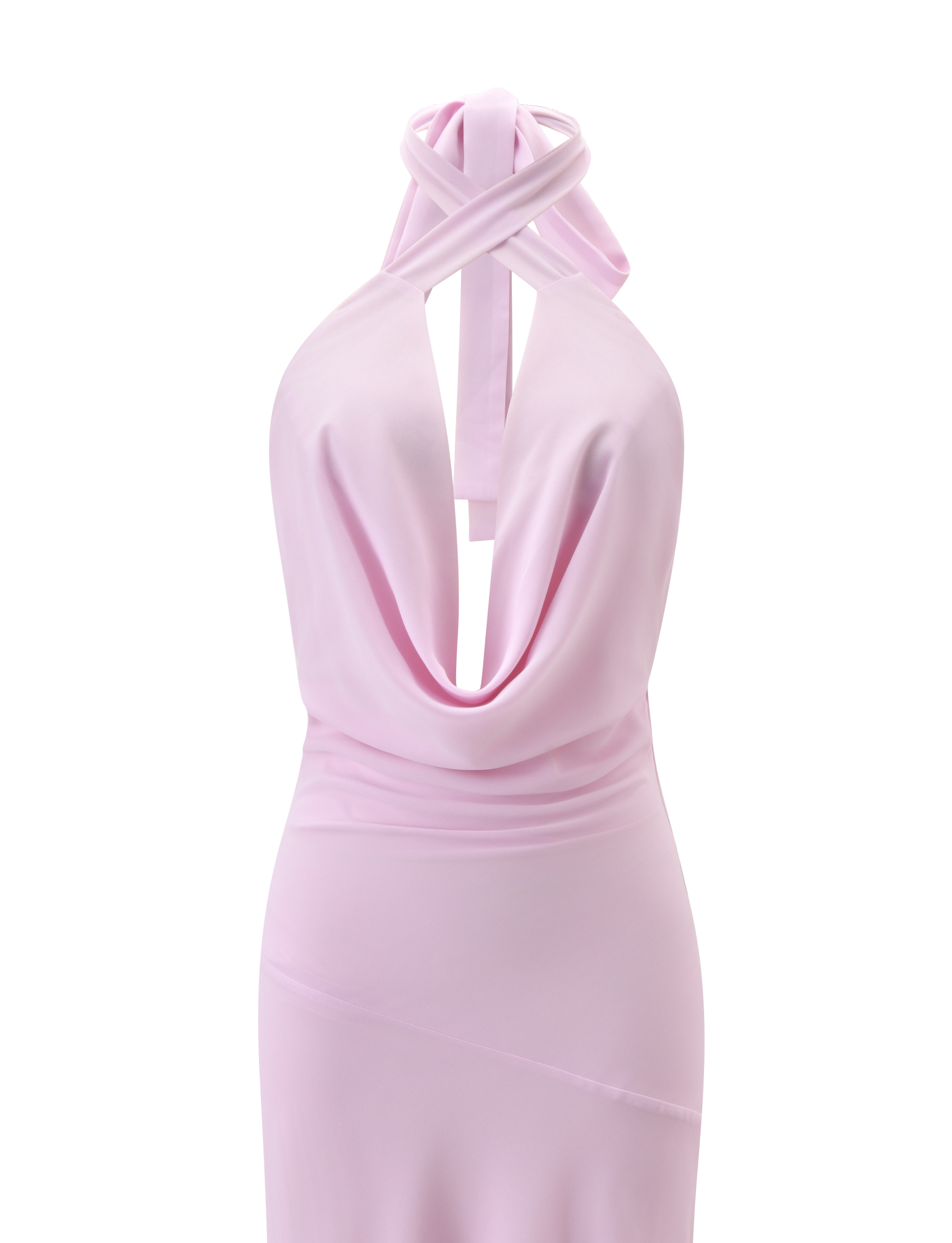 The ZYLA MAXI DRESS in baby pink satin by TIGERMIST features a draped cowl neckline and a halter neck with crossed straps, displayed against a white background.