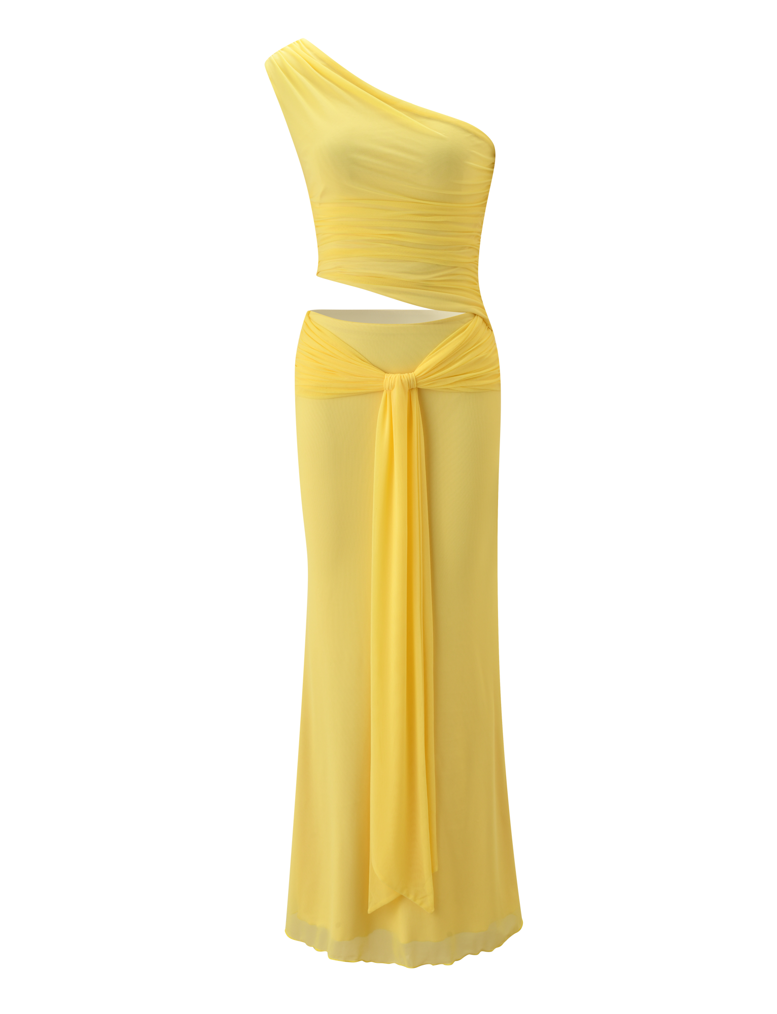 The TIGERMIST COBI 2.0 MAXI DRESS in butter yellow is a bright asymmetric one-shoulder maxi with sheer fabric, ruched bodice, waist cutout, and a draped tie detail at the front of the skirt.