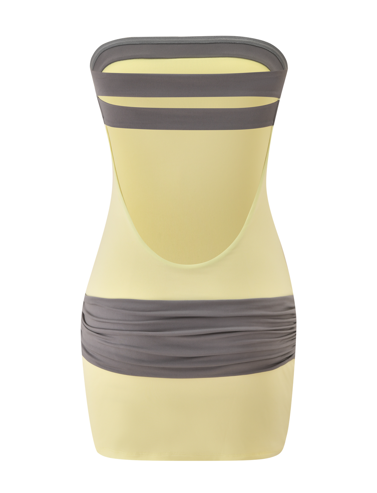 The TIGERMIST EOS MINI DRESS in butter yellow and grey features a strapless neckline, fitted silhouette, wide horizontal gray bands across the upper back and waist, and ruched waist detailing.