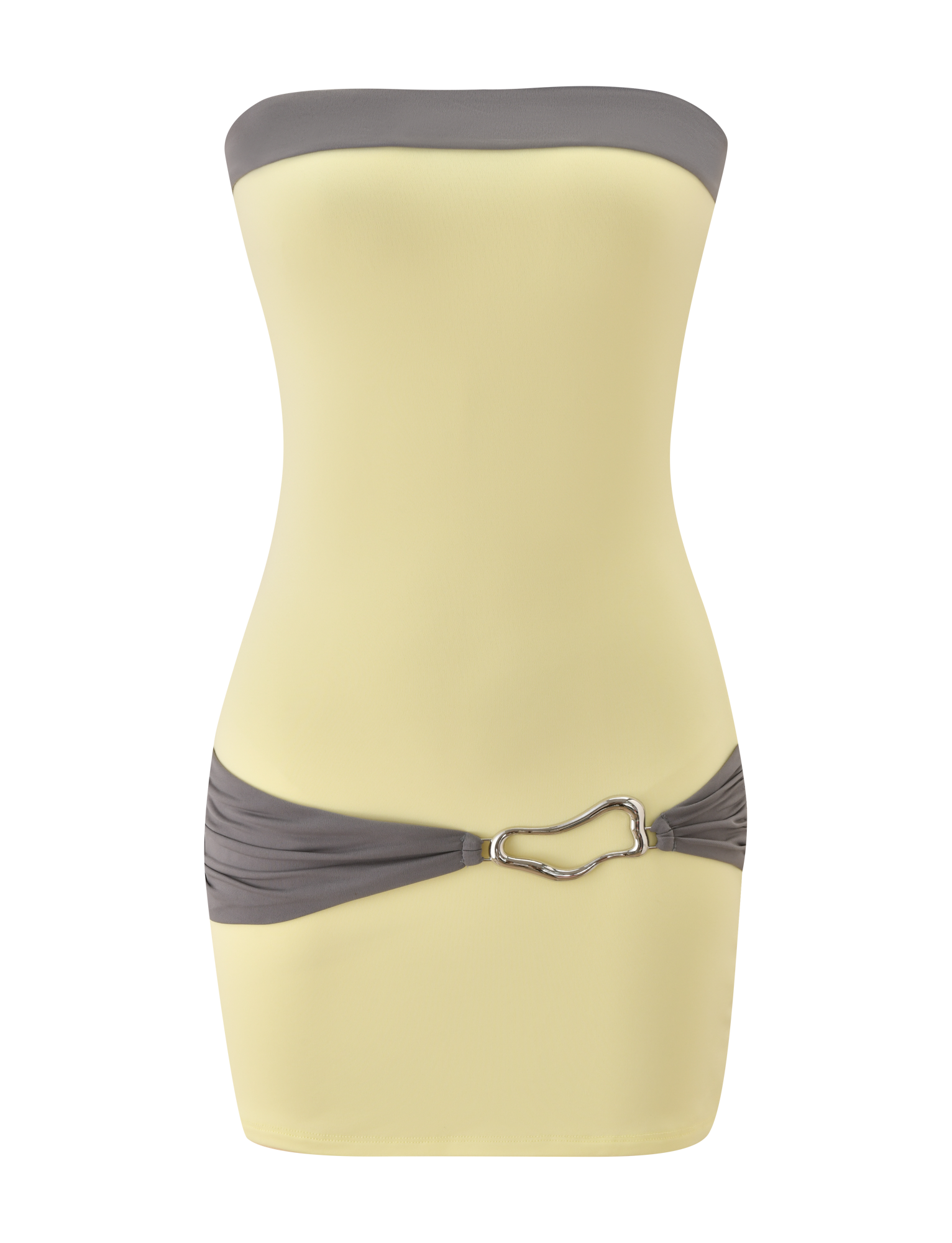 The EOS MINI DRESS by TIGERMIST features a strapless neckline in butter yellow with grey color-blocked bands and a silver front clasp, shown fitted on a plain white background.