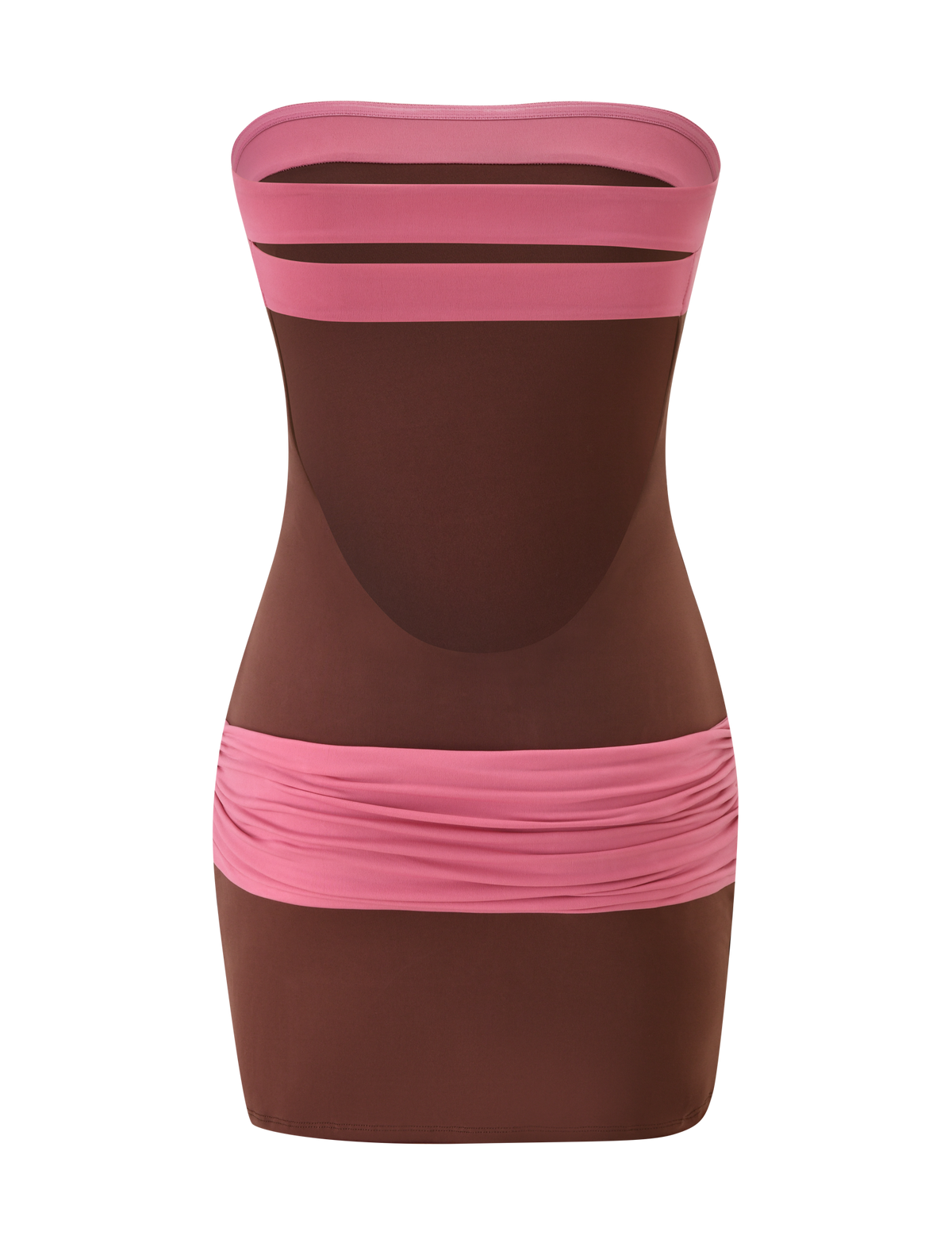 The EOS MINI DRESS - ESPRESSO AND ROSE by TIGERMIST is a strapless, bodycon mini dress featuring sheer brown fabric with pink bands at the top and hips, colour blocked design, and a fitted silhouette. Shown on a white background.