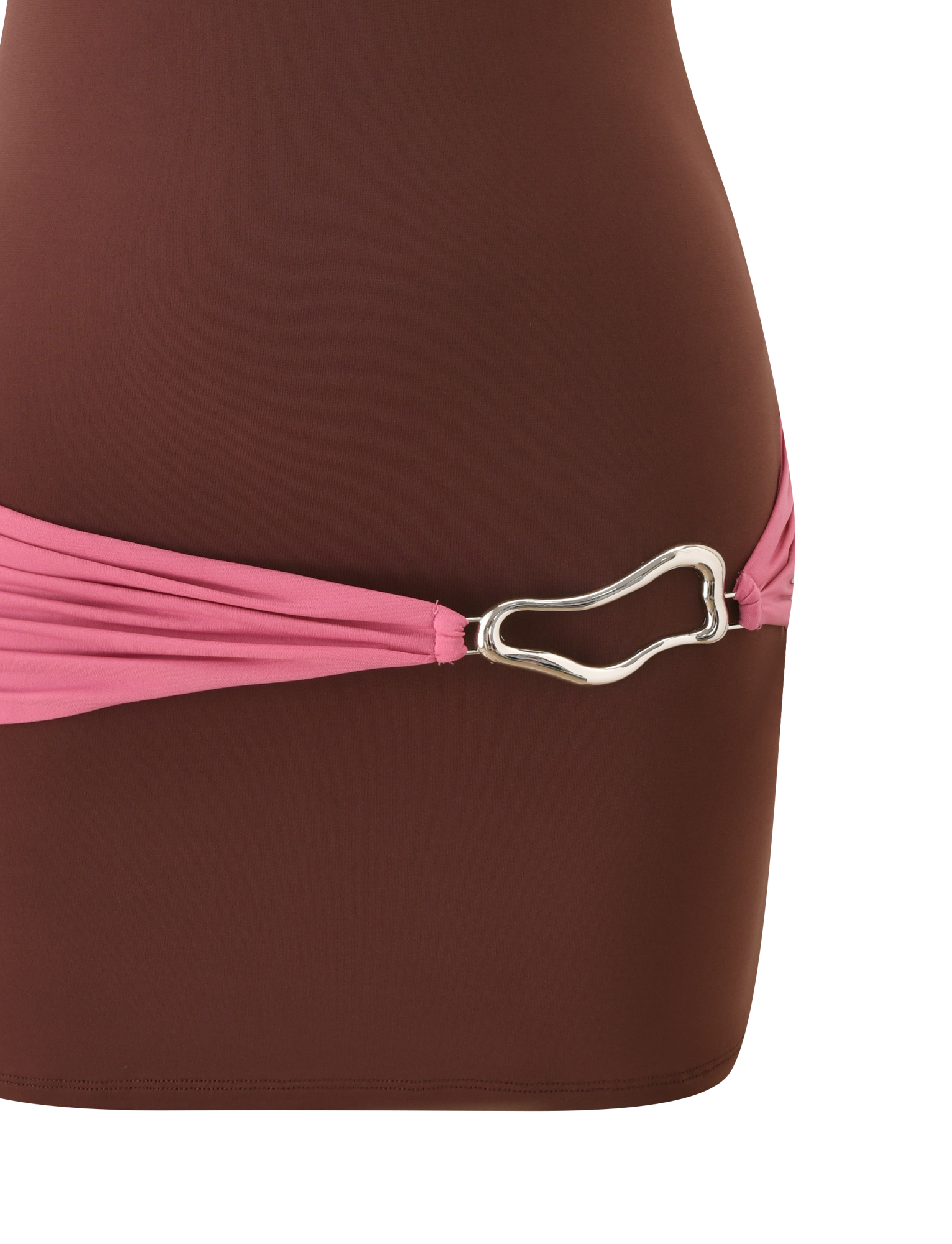 A close-up of the TIGERMIST EOS MINI DRESS in espresso and rose, featuring colour blocking and a pink fabric belt with a silver, irregular-shaped buckle at the waist.