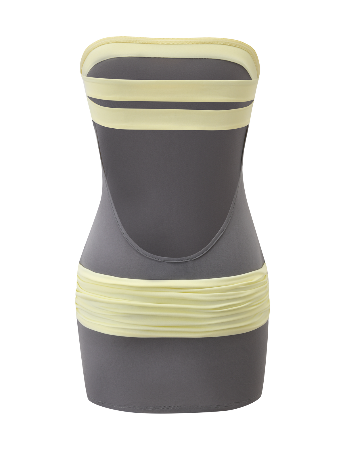 The TIGERMIST EOS MINI DRESS in grey and yellow features a strapless cut, light yellow trim at the top, and a ruched yellow hip band. This colour-blocked mini dress is perfect for standout style and is shown on a white background.