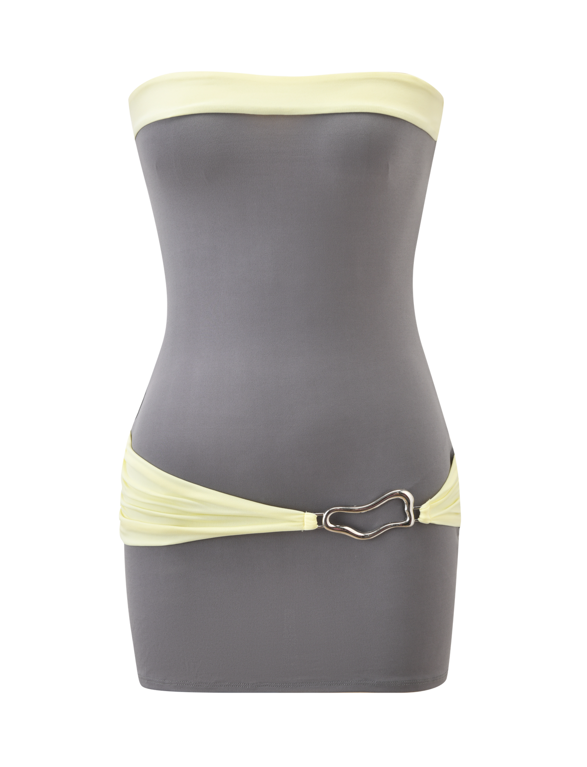 The TIGERMIST EOS MINI DRESS in grey and yellow features a strapless color-blocked design, light yellow trim across the top, a matching yellow hip belt, and a silver abstract butterfly-shaped buckle.
