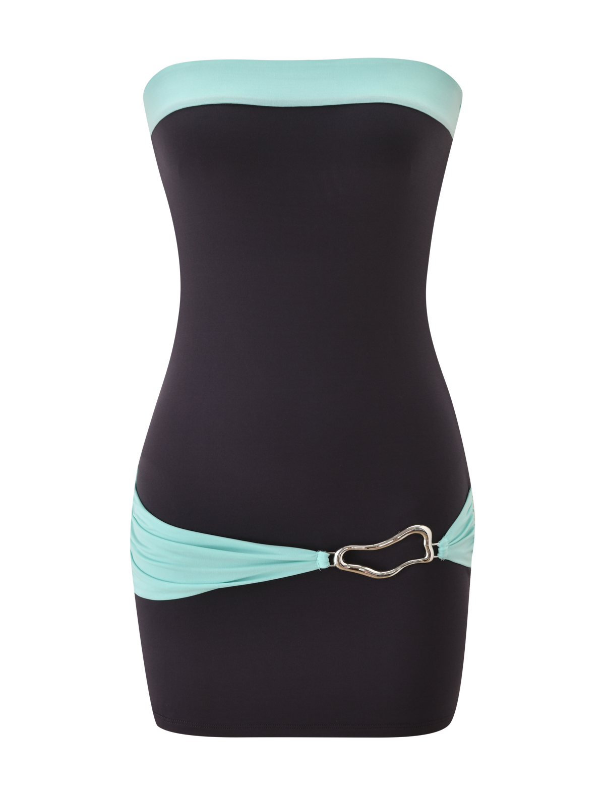 The TIGERMIST EOS MINI DRESS - MIDNIGHT AND AQUA is a strapless, fitted mini dress with a black body, aqua trim, and matching sash at the hips finished with a silver buckle for chic color blocking.