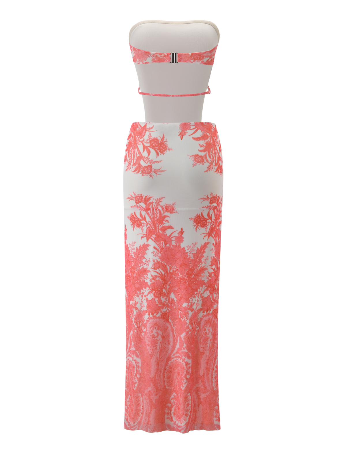 The POPPI MAXI DRESS - CORAL TAPESTRY by TIGERMIST features a strapless, bandeau neckline and a form-fitting silhouette with a light beige base and coral tapestry print for an elegant look.