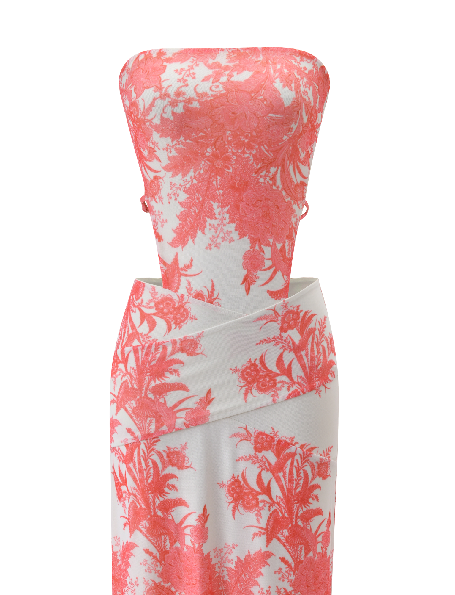 The POPPI MAXI DRESS - CORAL TAPESTRY by TIGERMIST features a strapless neckline, vibrant coral tapestry print, fitted bodice, and wrap-style skirt for an elegant, modern silhouette that stands out beautifully.