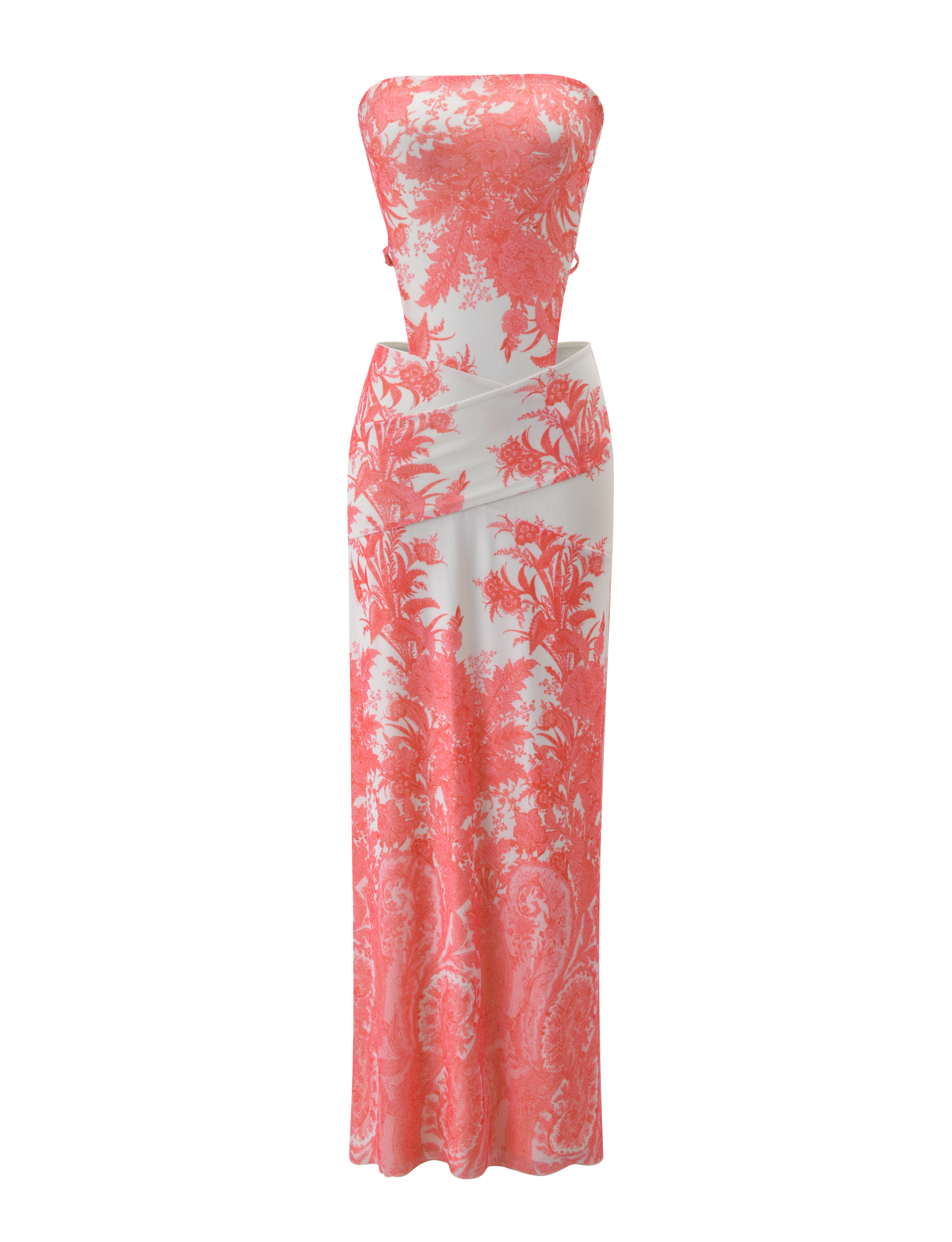 The POPPI MAXI DRESS - CORAL TAPESTRY by TIGERMIST is a strapless white dress with a coral tapestry print, detailed pink florals, a fitted bodice, and a long flowing skirt.
