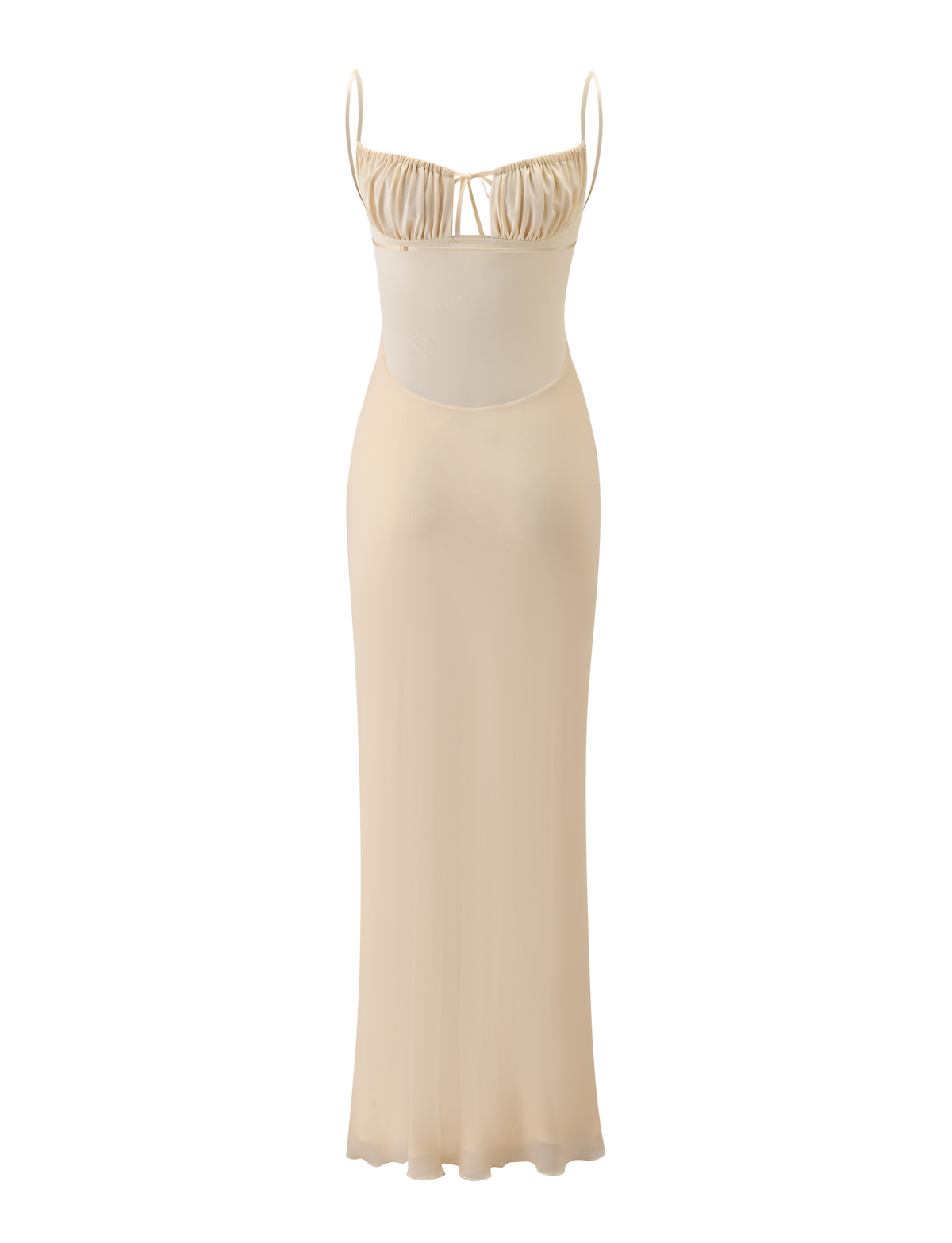 The OPHELIA MAXI DRESS - CREAM by TIGERMIST features adjustable spaghetti straps, a ruched bust, and a fitted silhouette. This semi-sheer, minimalist design delivers effortless elegance for any occasion.