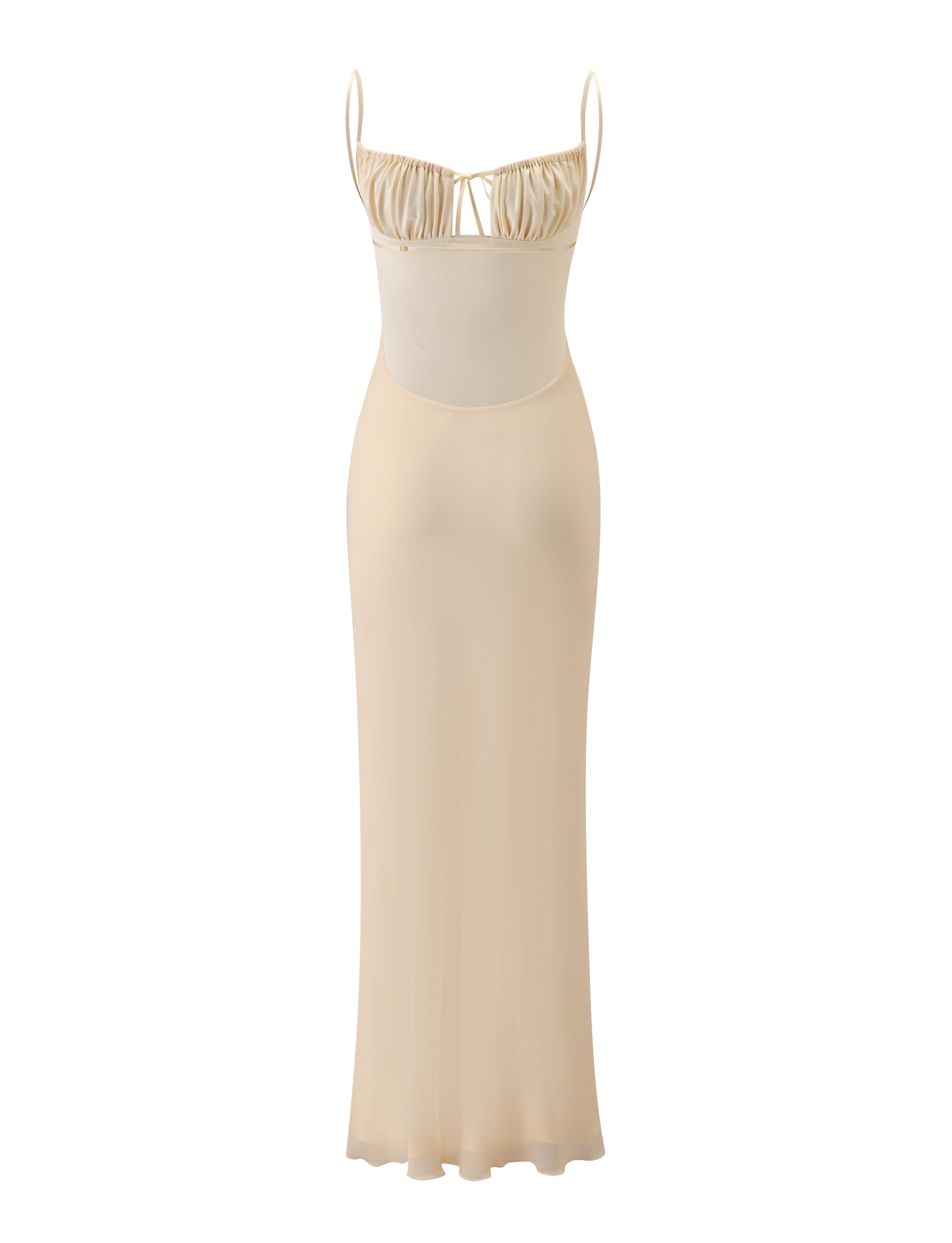 The OPHELIA MAXI DRESS - CREAM by TIGERMIST features adjustable spaghetti straps, a ruched bust, and a fitted silhouette. This semi-sheer, minimalist design delivers effortless elegance for any occasion.