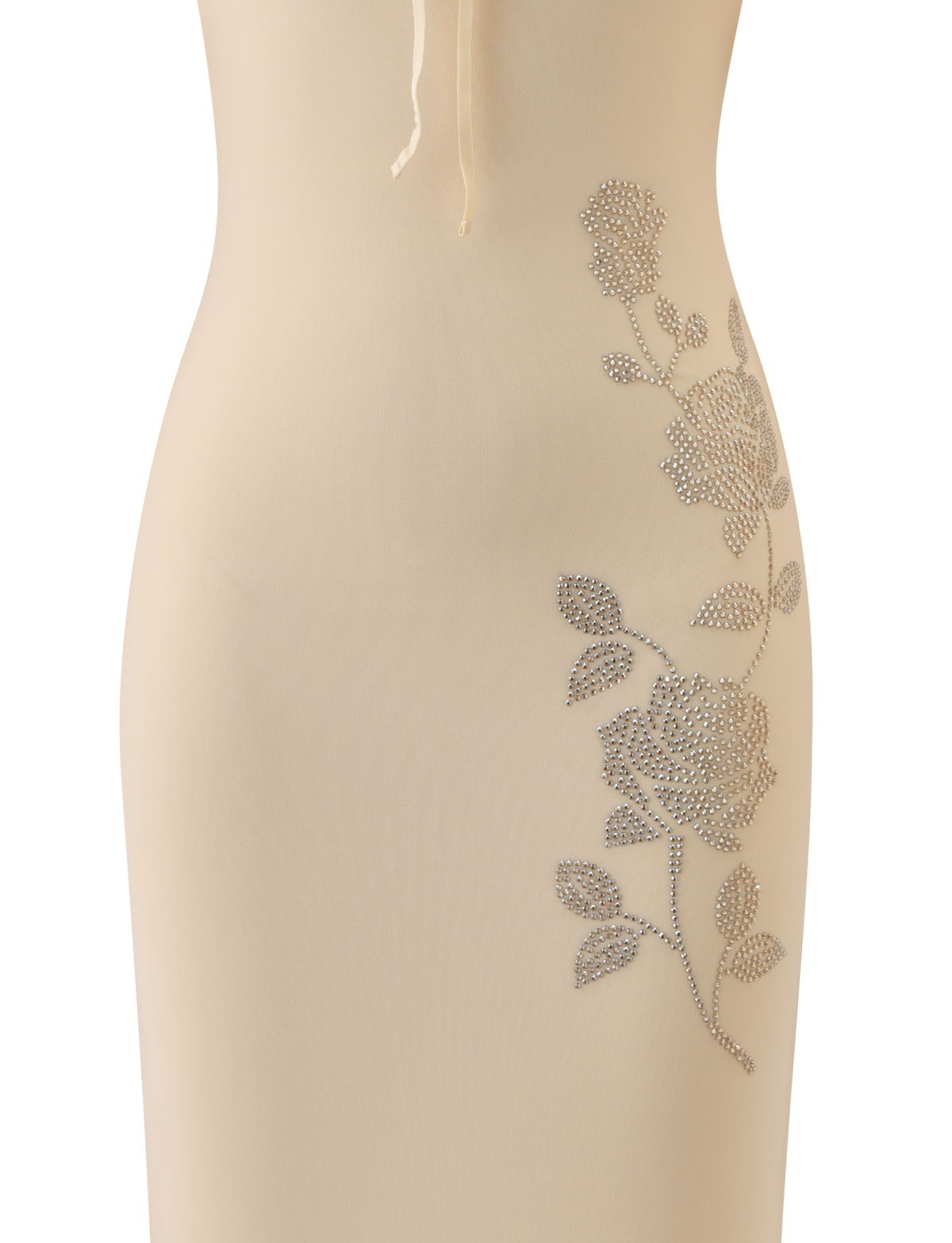 A close-up of the TIGERMIST OPHELIA MAXI DRESS in cream, showcasing adjustable spaghetti straps and a vertical silver rhinestone floral embellishment with leaves and blooms on the hip and thigh.
