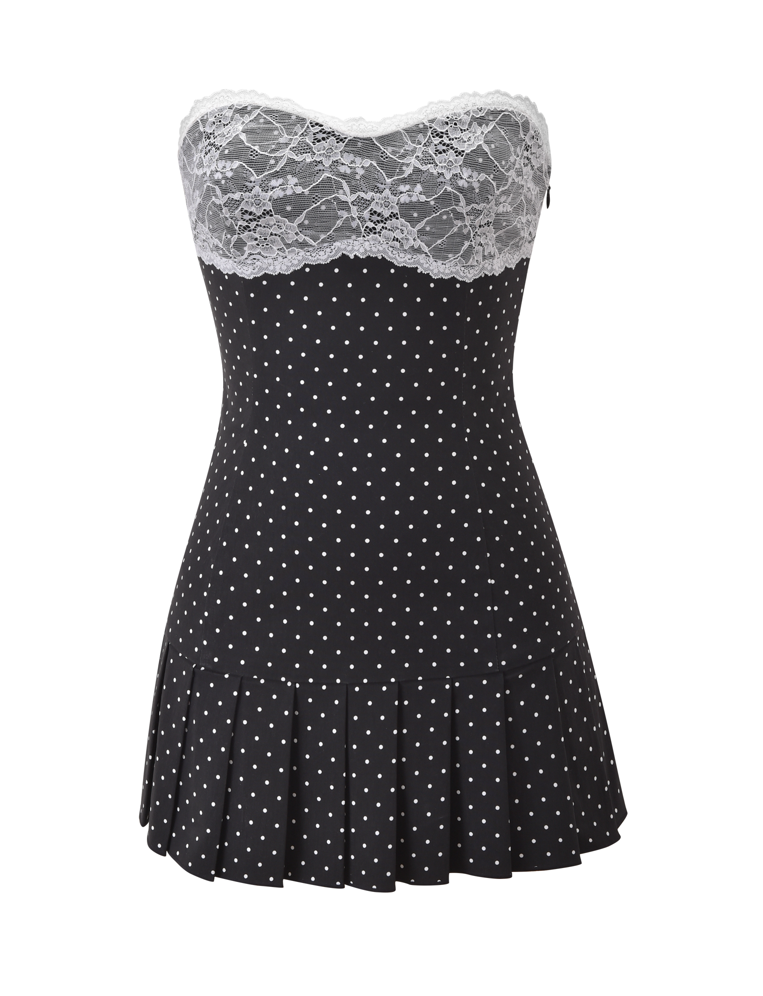 The KITTIE LACE PLEAT DRESS - BLACK DOT by TIGERMIST features a strapless silhouette with black polka dots, a white lace bust, sweetheart neckline, and pleated skirt—offering playful vintage charm perfect for any occasion.