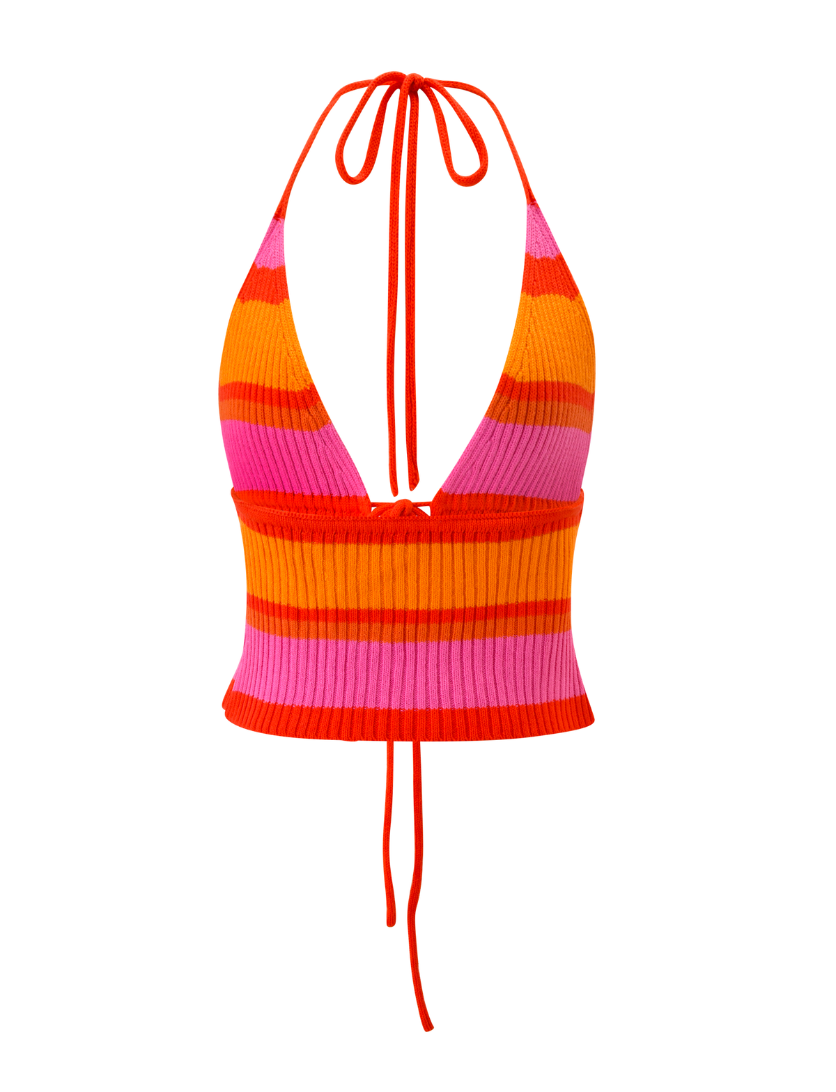 The TIGERMIST EVERLY CROCHET HALTER TOP - SUNSET TROPICAL STRIPE is a sleeveless, ribbed knit halter with tie straps and a plunging neckline, featuring bold pink, orange, and red stripes on a white background.