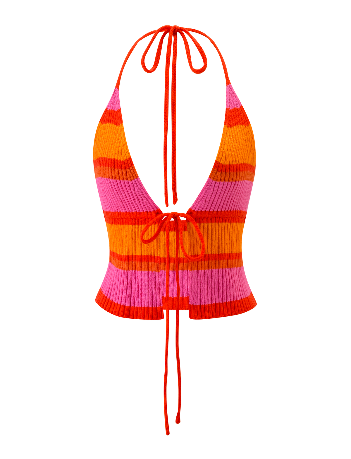 The EVERLY CROCHET HALTER TOP - SUNSET TROPICAL STRIPE by TIGERMIST features orange, red, and pink stripes, a halter neck, deep V-neckline, open back, and long red ties at the neck and lower back.