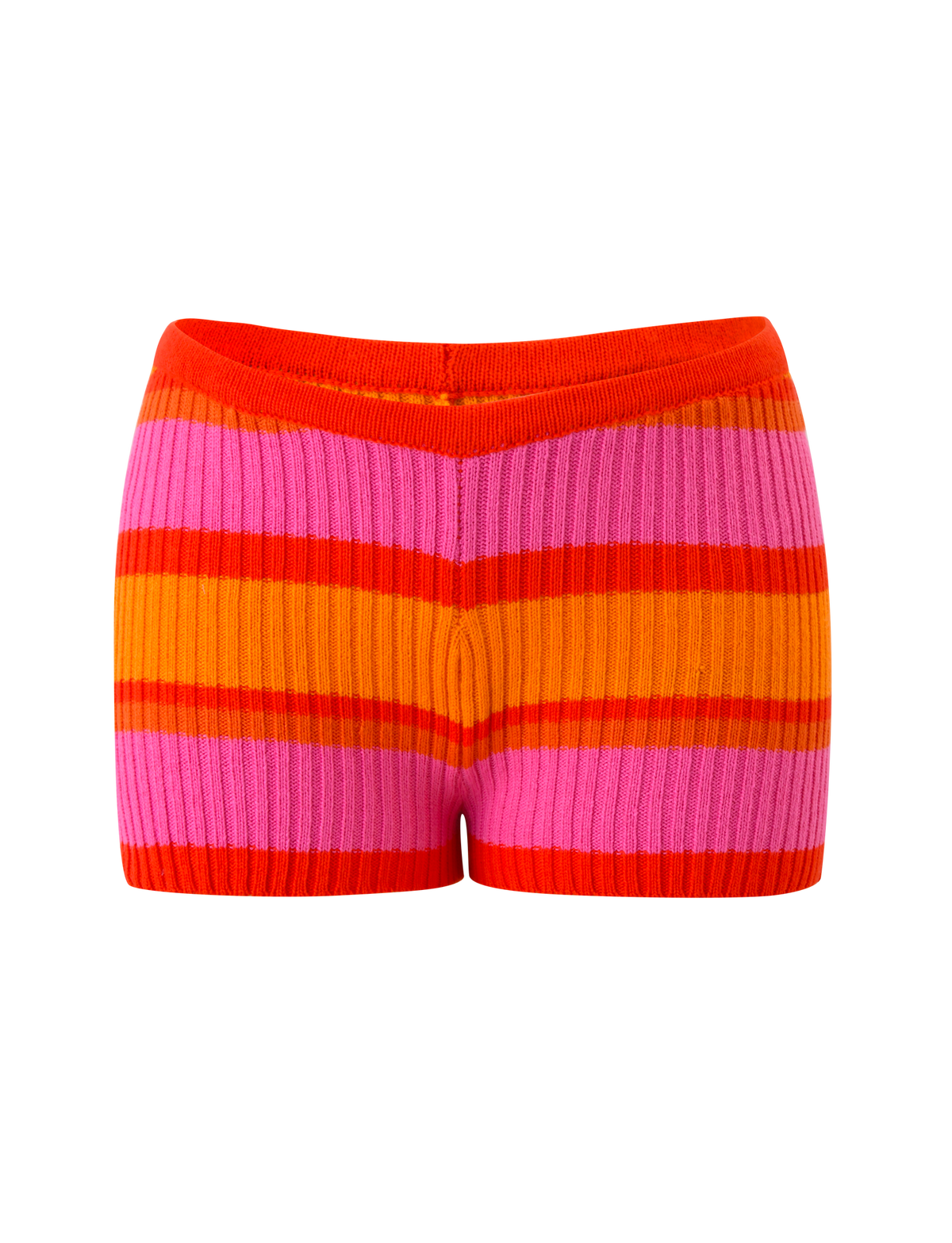 The EVERLY KNIT SHORT - SUNSET TROPICAL STRIPE by TIGERMIST features a vibrant, striped design in red, orange, and pink with an elastic waistband, shown against a plain white background.