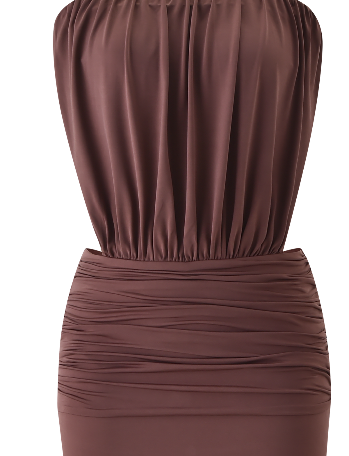 The TIGERMIST IOLLA Strapless Maxi Dress in mocha features a loose, Grecian-inspired gathered bodice and a fitted, ruched skirt, shown sleeveless against a white background.