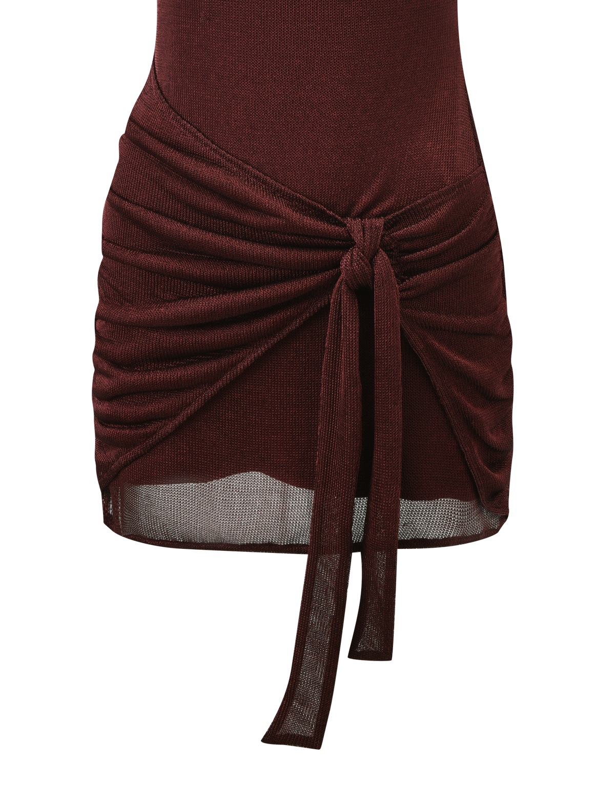 A close-up of the TIGERMIST AZELMA DRESS in brown, featuring metallic knit ribbed fabric with ruched sides and a front tie detail, displayed against a white background.