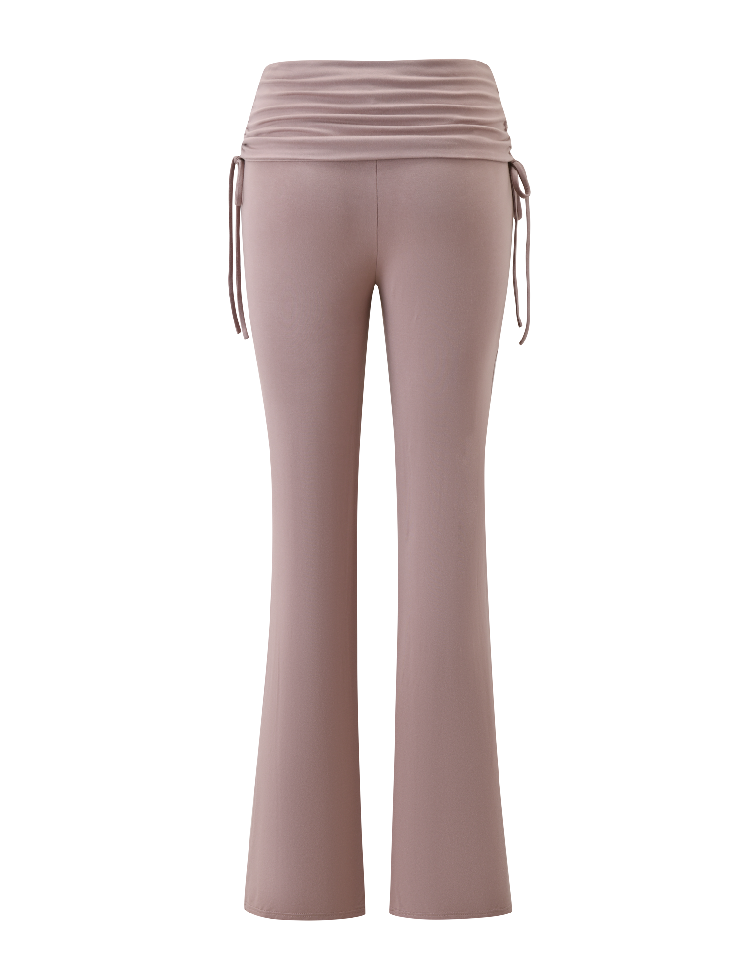 The HALONA PANT - MOCHA by TIGERMIST features high-waisted flare pants with a ruched waistband and adjustable side ties, shown from the back on a white background.
