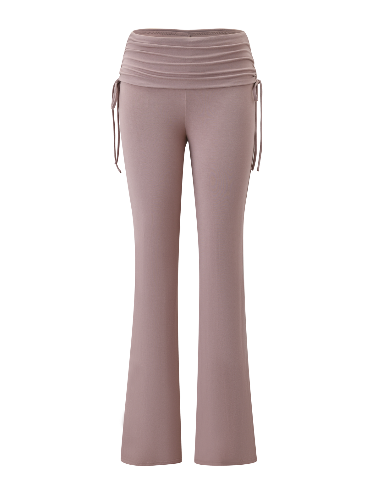 The TIGERMIST HALONA PANT - MOCHA features a high-waisted, flared silhouette in mocha with a ruched waistband and adjustable side drawstrings, shown against a plain white background.
