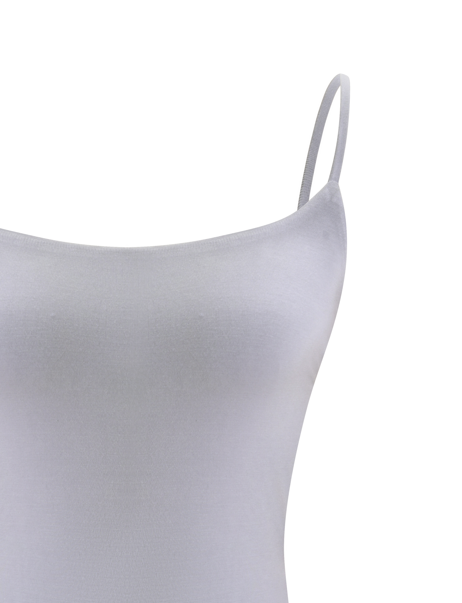 Close-up of the TIGERMIST MINERVA BODYSUIT in Frost Grey, featuring thin spaghetti straps and a smooth, form-fitting bodycon silhouette against a white background.