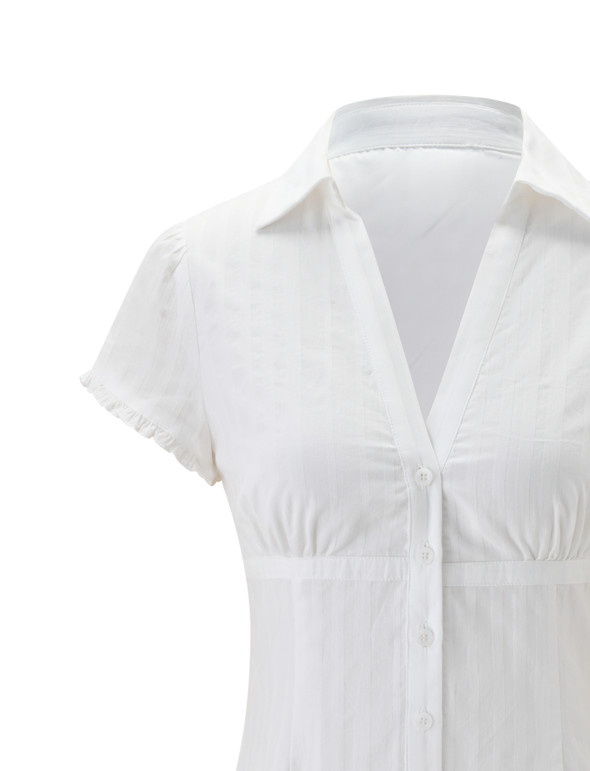 The VALERIE MINI DRESS - WHITE by TIGERMIST features a v-neckline, collar, short sleeves, front buttons, and subtle vertical stripes for timeless elegance, shown on a plain white background.