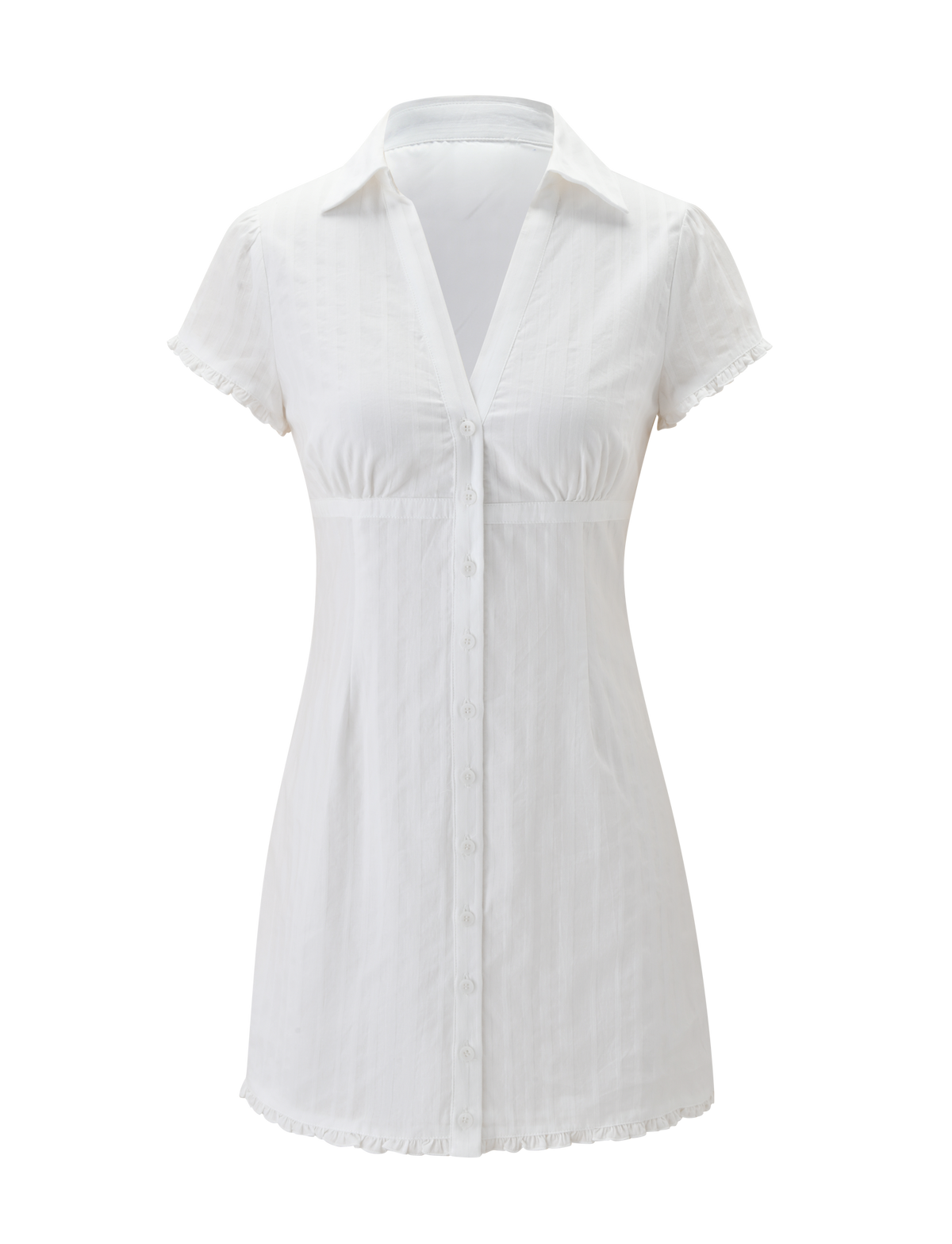 The VALERIE MINI DRESS in white by TIGERMIST features short sleeves, a V-neck, fitted waist, subtle textured pattern, and charming collar with ruffle details—displayed on a plain white background. Perfect for any occasion.