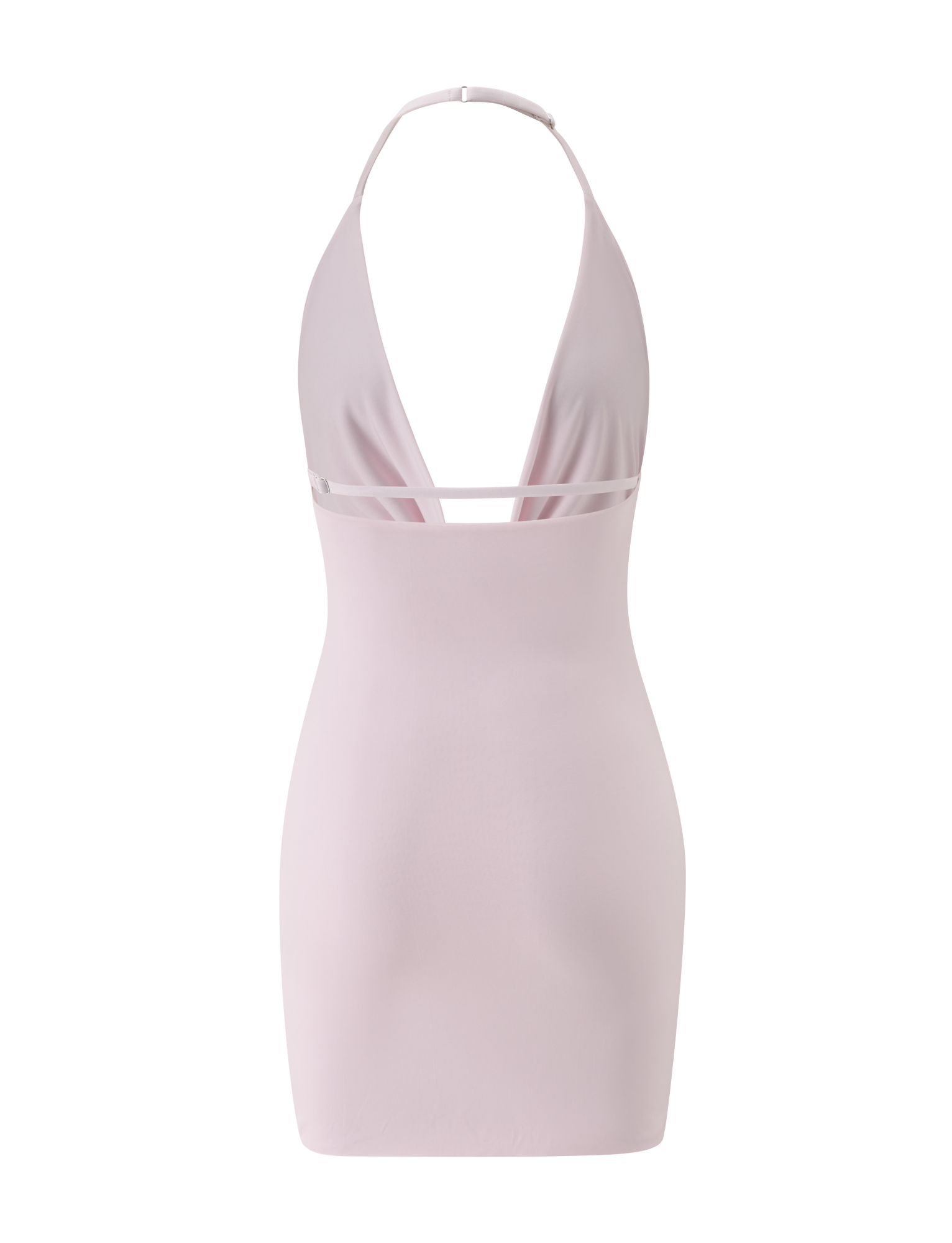 The THARA MINI DRESS - BABY PINK by TIGERMIST is a baby pink halter neck mini dress with a bodycon fit and deep V-neck, accented by a thin strap below the bust, shown on a white background.