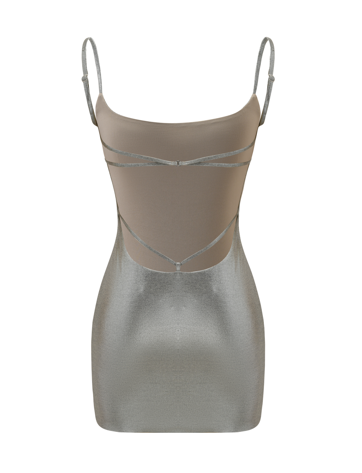 The TIGERMIST MINERVA MINI DRESS 2.0 - LIQUID SILVER is a sleeveless bodycon mini with thin adjustable straps and geometric seams in metallic silver and beige, shown on a plain white background.