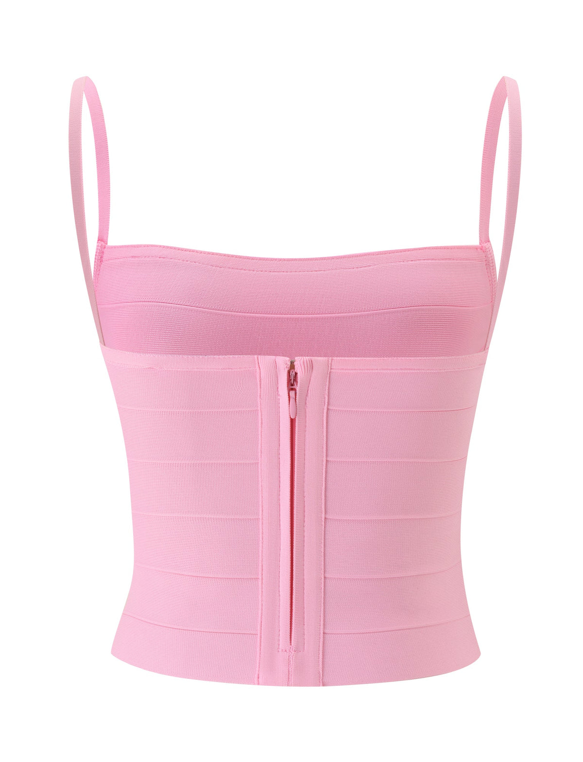 Introducing the MIDORI BANDAGE TOP in Baby Pink by TIGERMIST—a light pink, sleeveless tank top featuring thin spaghetti straps, horizontal panel detailing, and a visible vertical back zipper. Crafted from stretchy bandage fabric, this form-fitting piece sculpts your shape for a flattering silhouette.