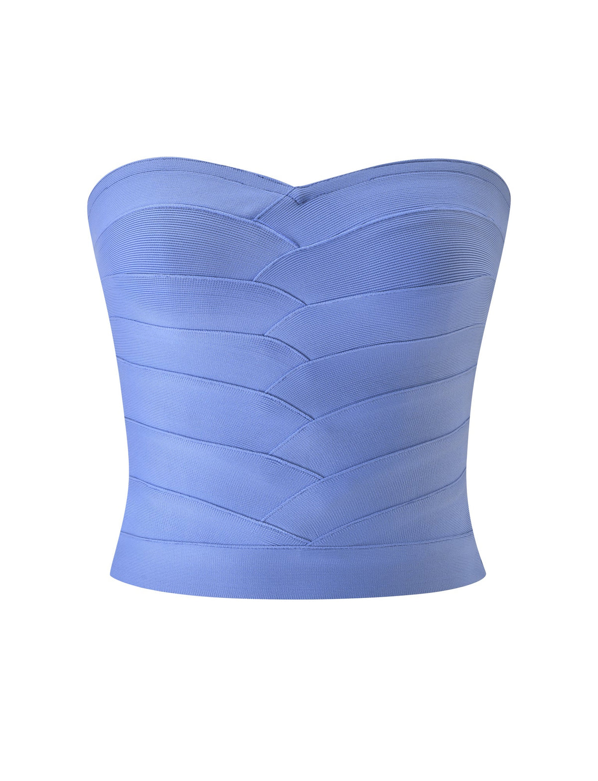 The NIYA BANDAGE TOP - CORNFLOWER BLUE by TIGERMIST is a strapless bandage corset top in a cornflower blue hue, showcasing geometric paneling and a sweetheart neckline, displayed against a white background.