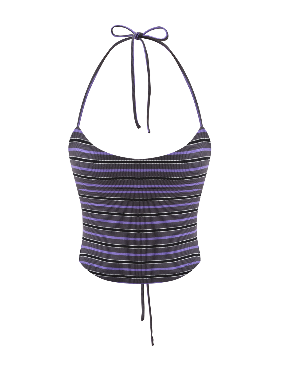 The CERYS RIB TOP - GREY STRIPE by TIGERMIST is a ribbed knit halter crop top with grey-toned stripes, featuring a neck tie, waist drawstring, and classic halter styling.