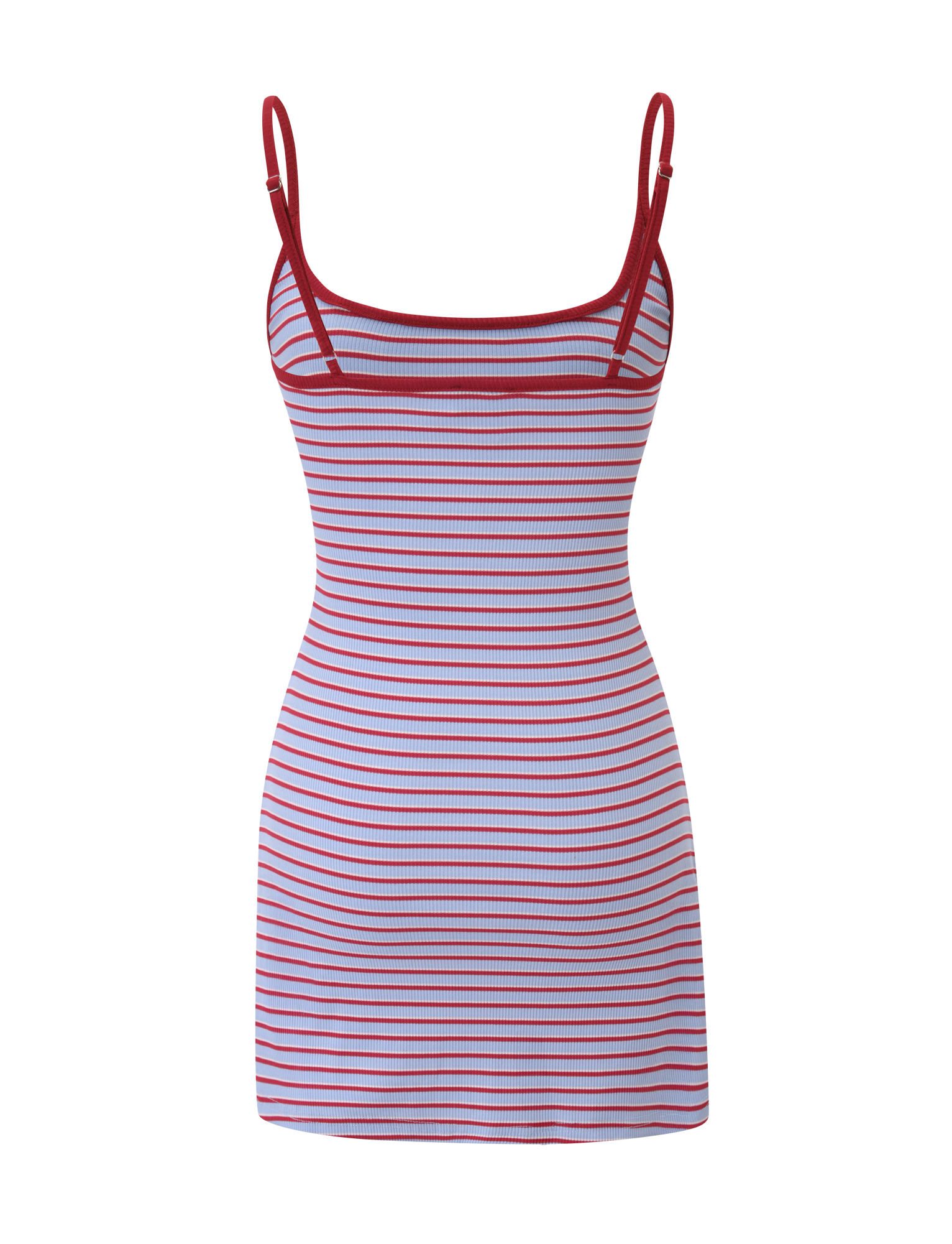 The TIGERMIST CELESTE MINI DRESS - RED STRIPE is a sleeveless, fitted mini dress with adjustable straps, a scoop neckline, ribbed fabric in red and white horizontal stripes, and red trim on the neckline and straps.