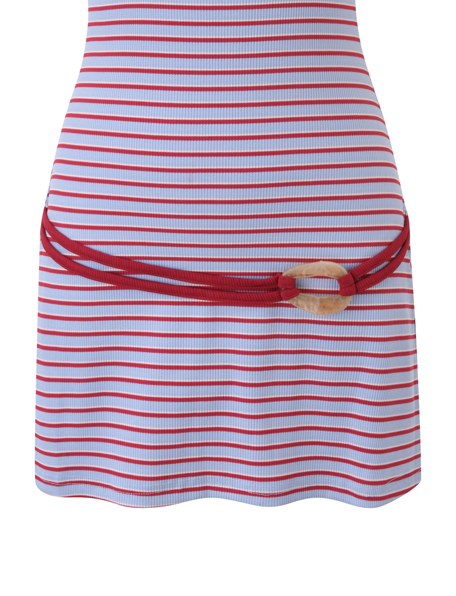 A close-up of the TIGERMIST CELESTE MINI DRESS - RED STRIPE, showcasing horizontal red and white ribbed stripes and a red rope belt with a large round light-colored buckle at the waist.