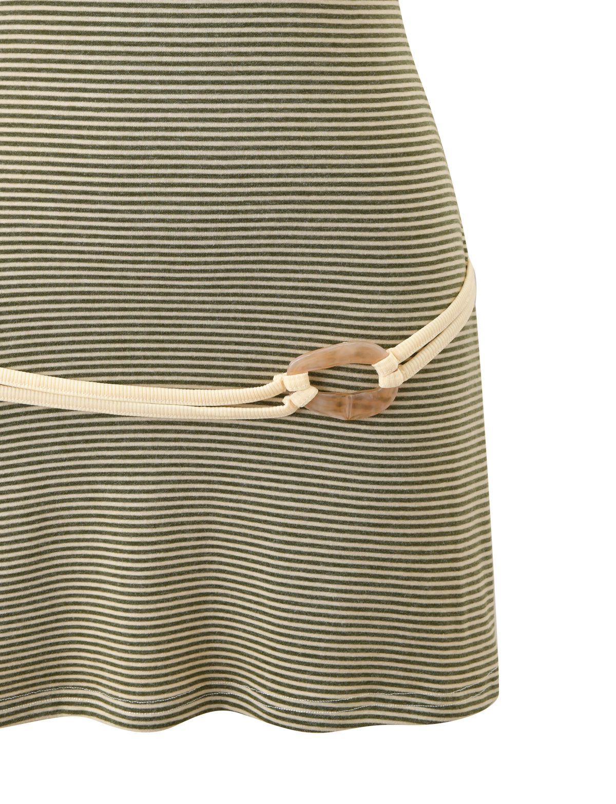 Close-up of the TIGERMIST CELESTE MINI DRESS - OLIVE STRIPE, a green and white striped mini dress with a thin beige cord belt and round marbled buckle detail at the hip.